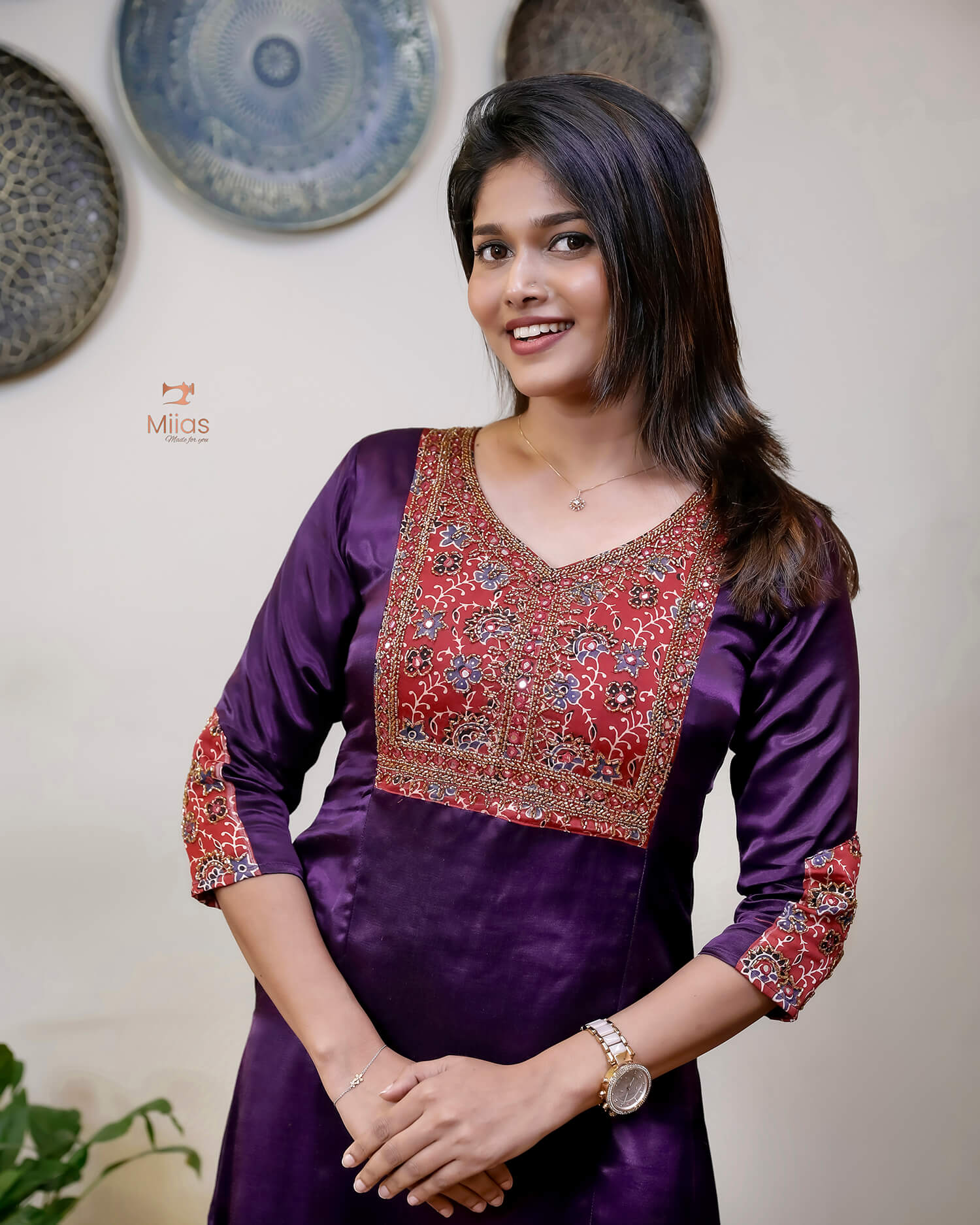 Mashru Silk Dress Kurti with Modal Silk with Beaded Mirror Work
