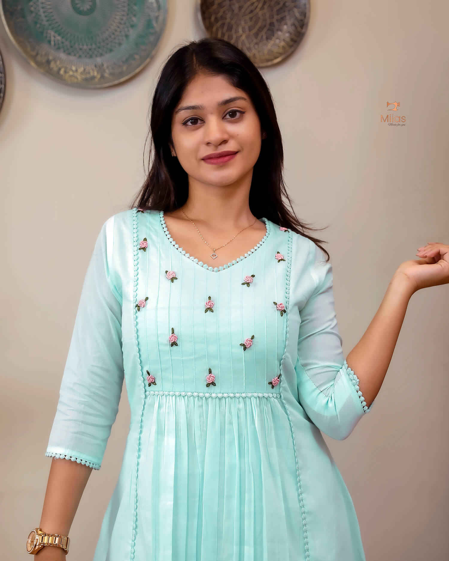 Mulcotton 3-Panel Dress Kurti | Pintuck & Bullion Work-Powder Blue.