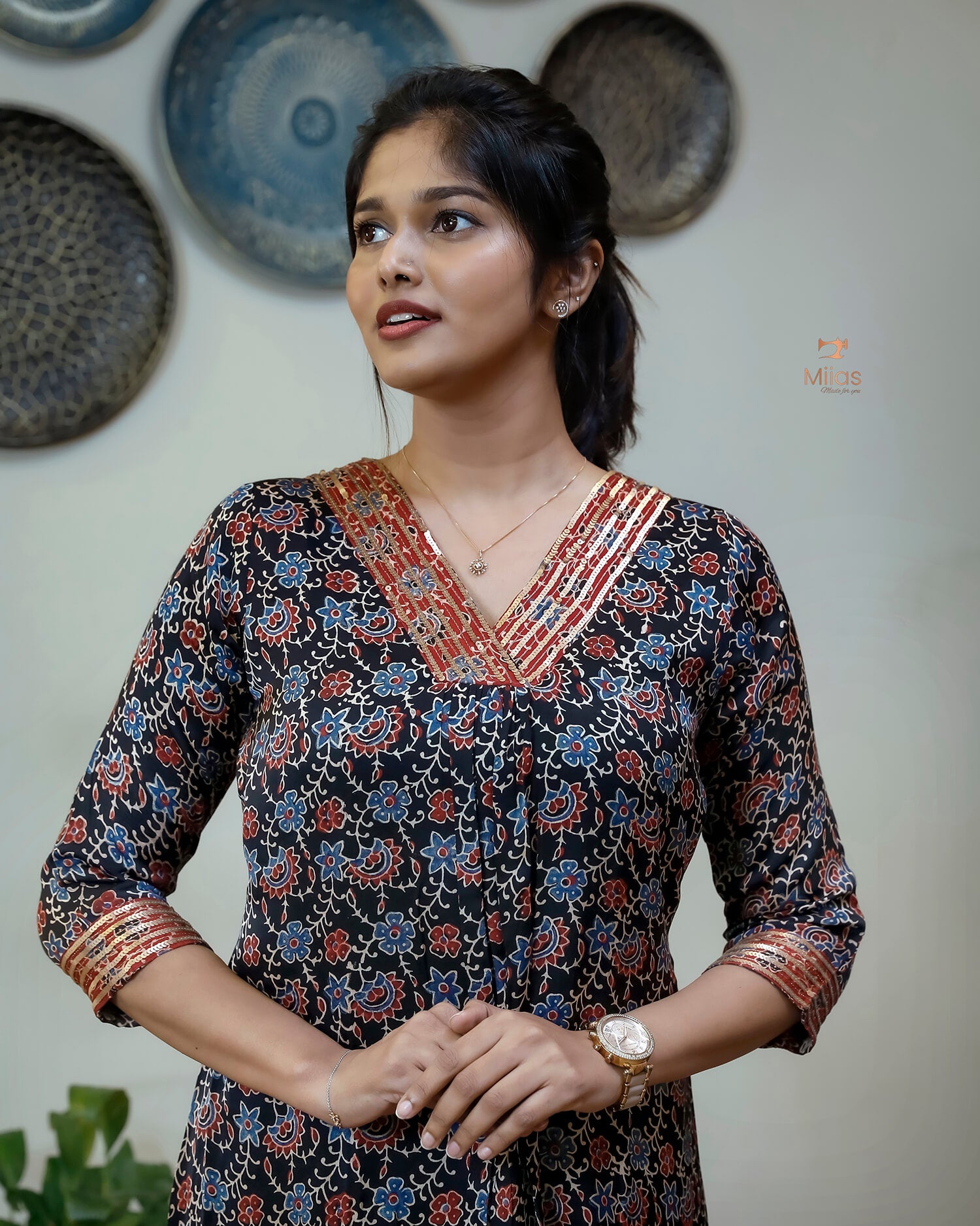 Modal Silk Kurti with Sequined Zari Neckline & Pleats