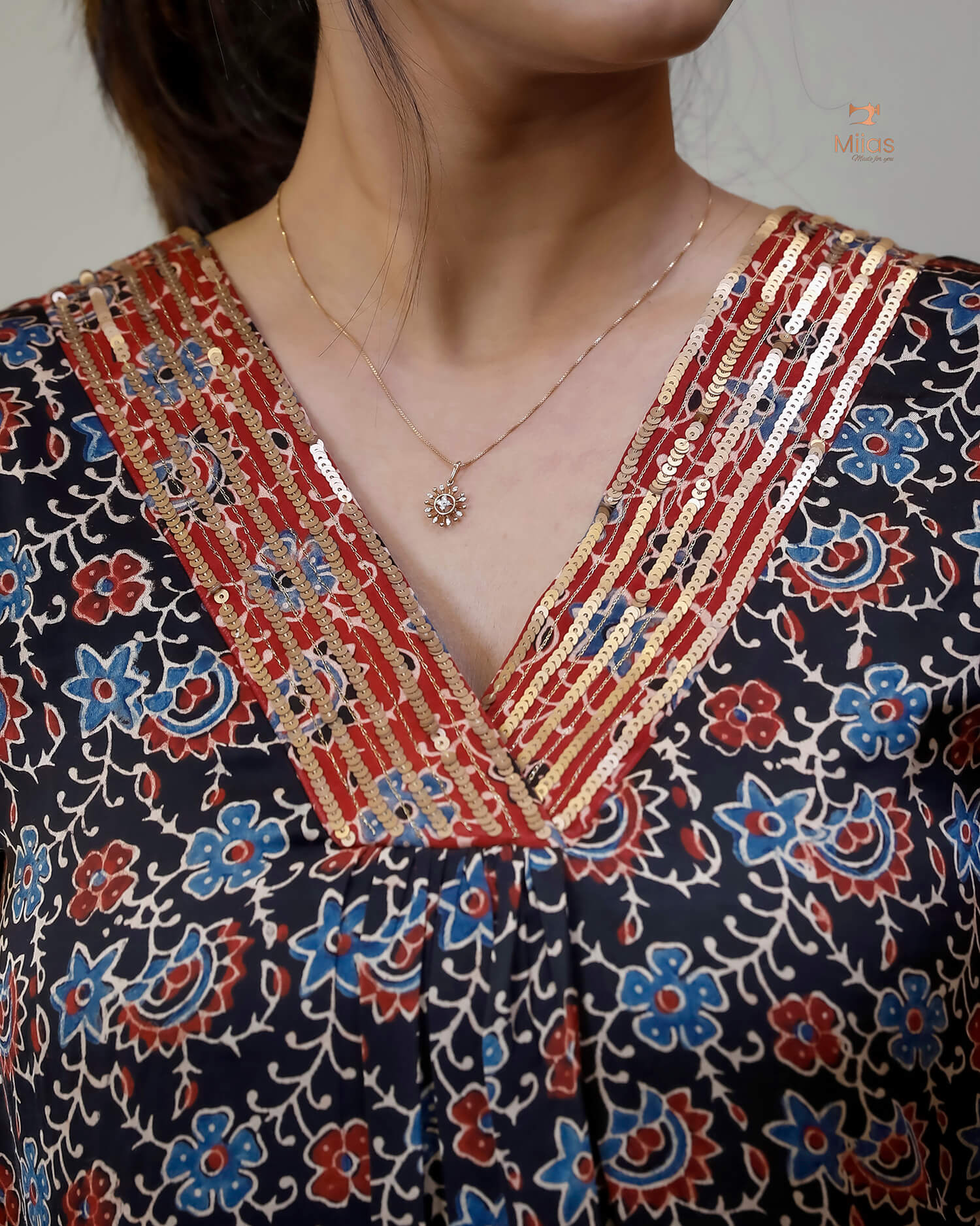 Modal Silk Kurti with Sequined Zari Neckline & Pleats