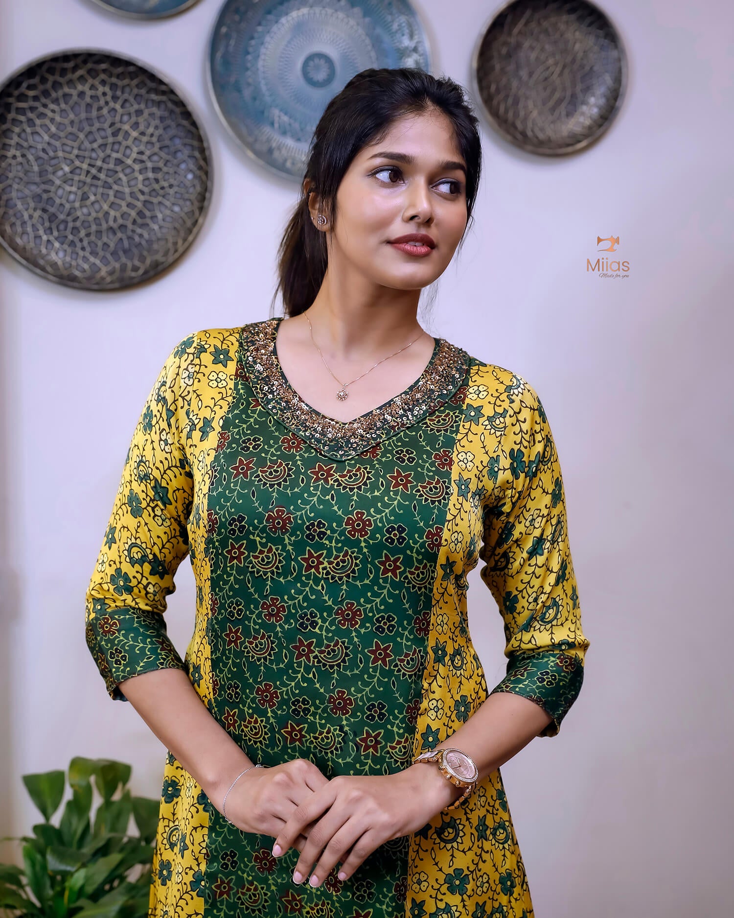 Modal Silk Printed Kurti | Contrast Panels & Sequins