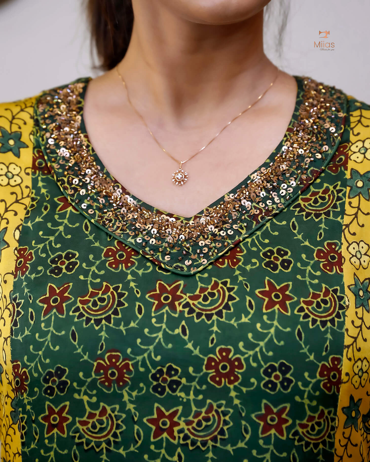 Modal Silk Printed Kurti | Contrast Panels & Sequins