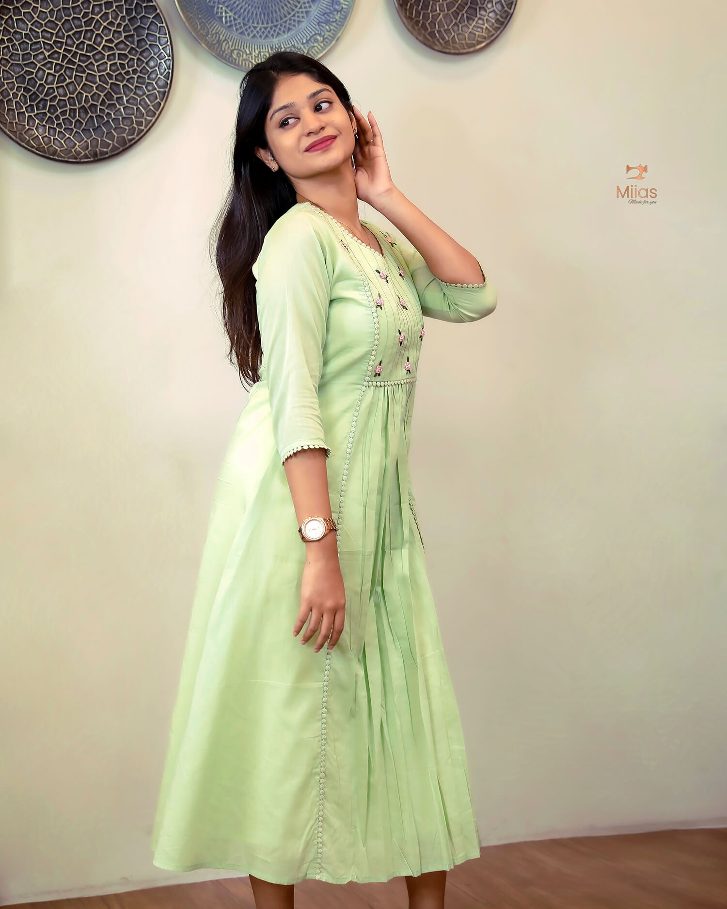 Mulcotton 3-Panel Dress Kurti | Pintuck & Bullion Work-Light Green.