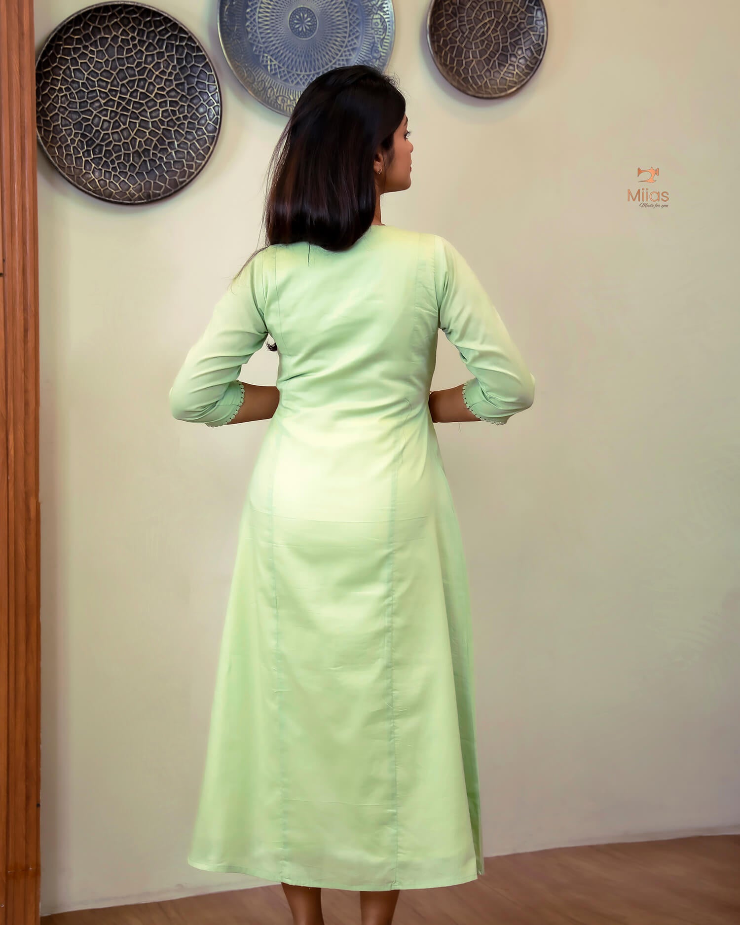 Mulcotton 3-Panel Dress Kurti | Pintuck & Bullion Work-Light Green.
