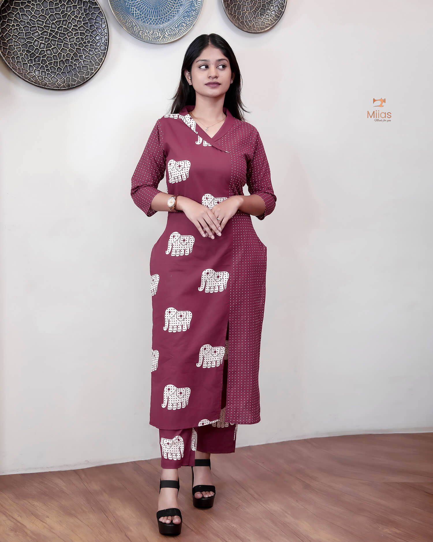 Premium Cotton Co-ord Set: Slit Top & Pocketed Bottom-Berry Red.