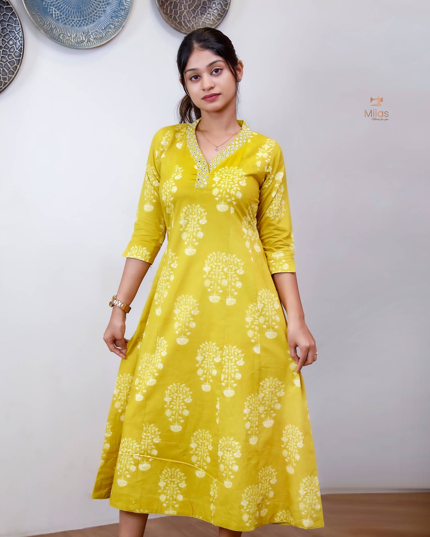 South Cotton Five-Panel Kurti with Mirror Work & Collar-Yellow.