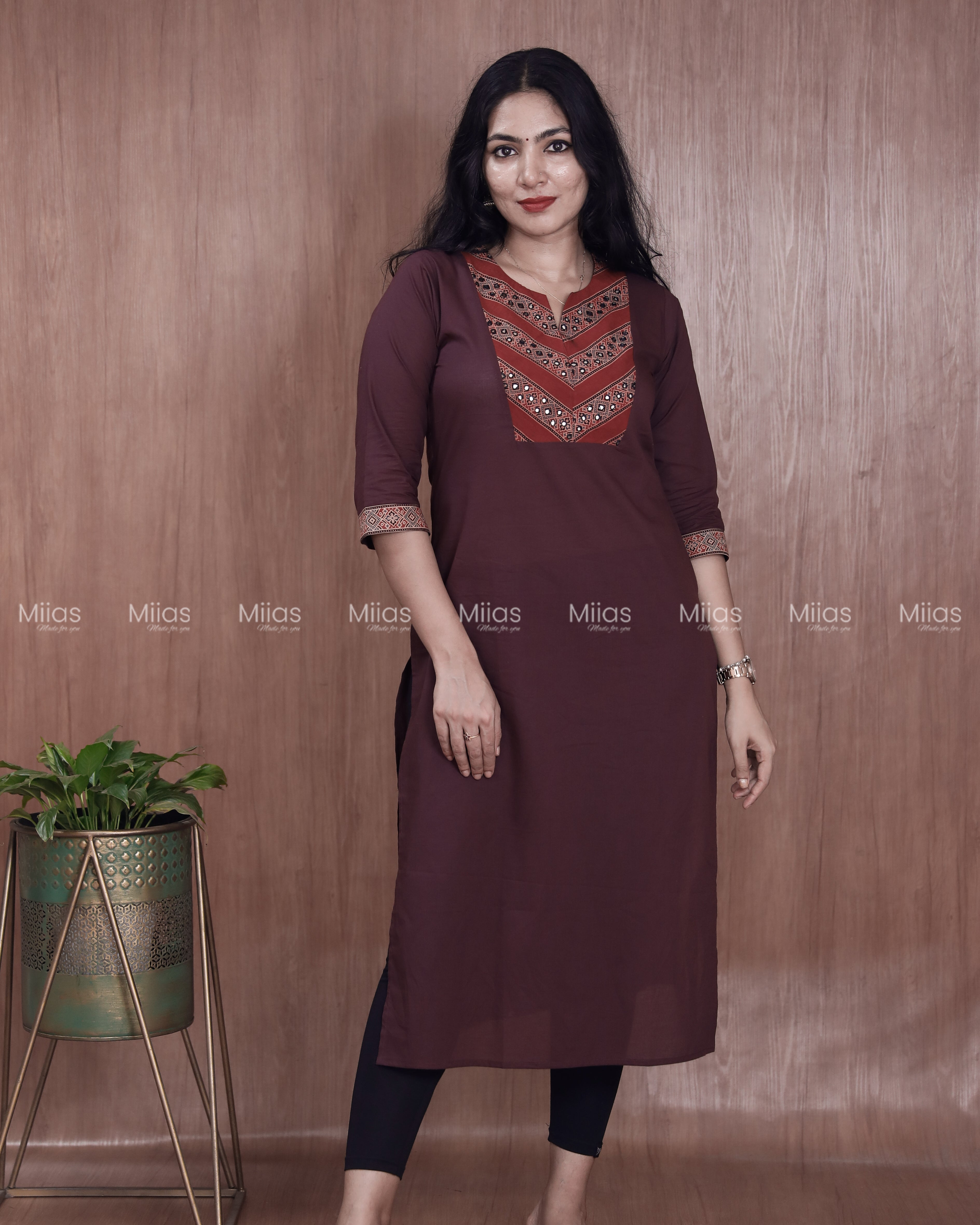 Cotton Slit Kurti | Ajrakh Patch + Mirror Yoke + Border | Wine Red
