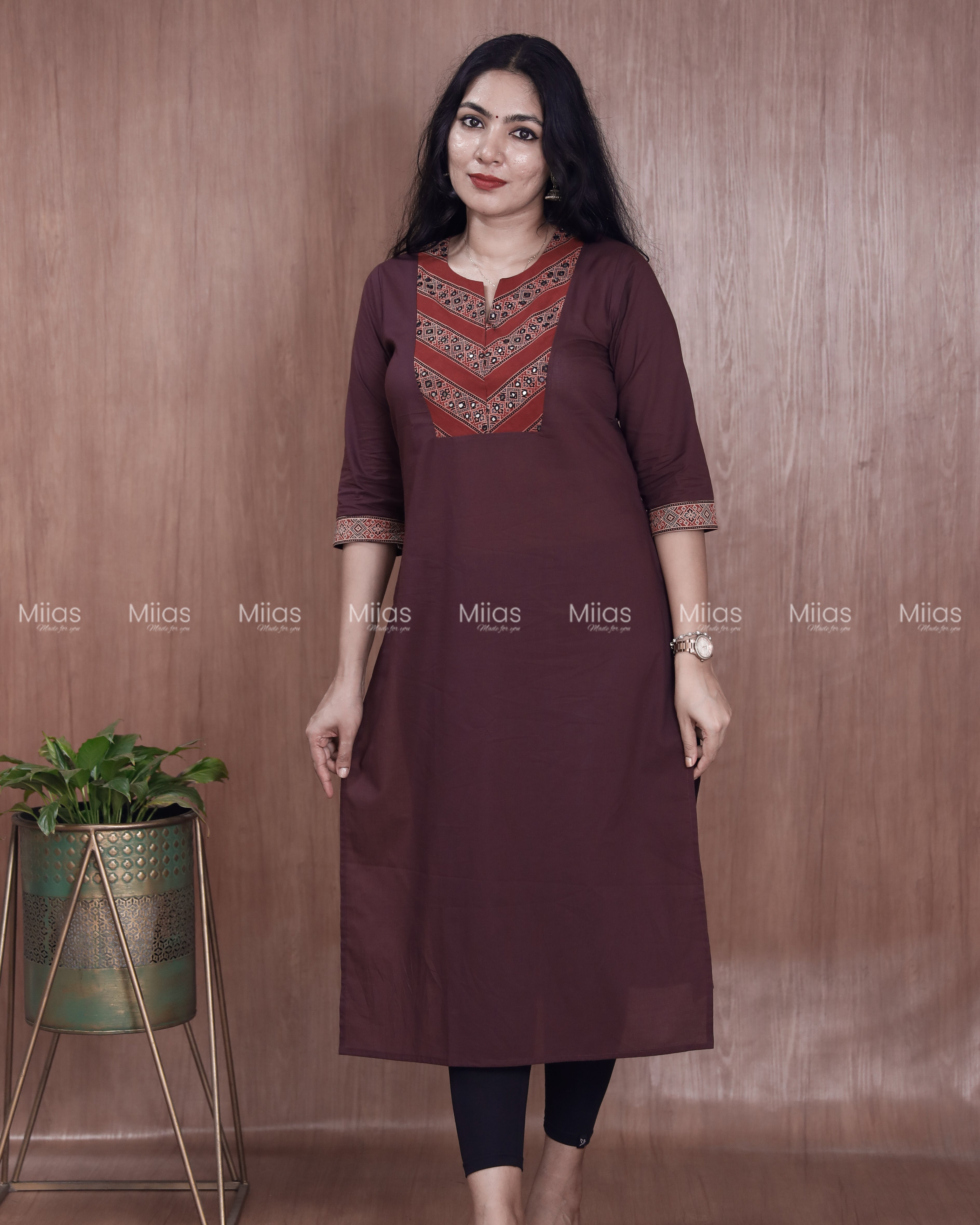 Cotton Slit Kurti | Ajrakh Patch + Mirror Yoke + Border | Wine Red