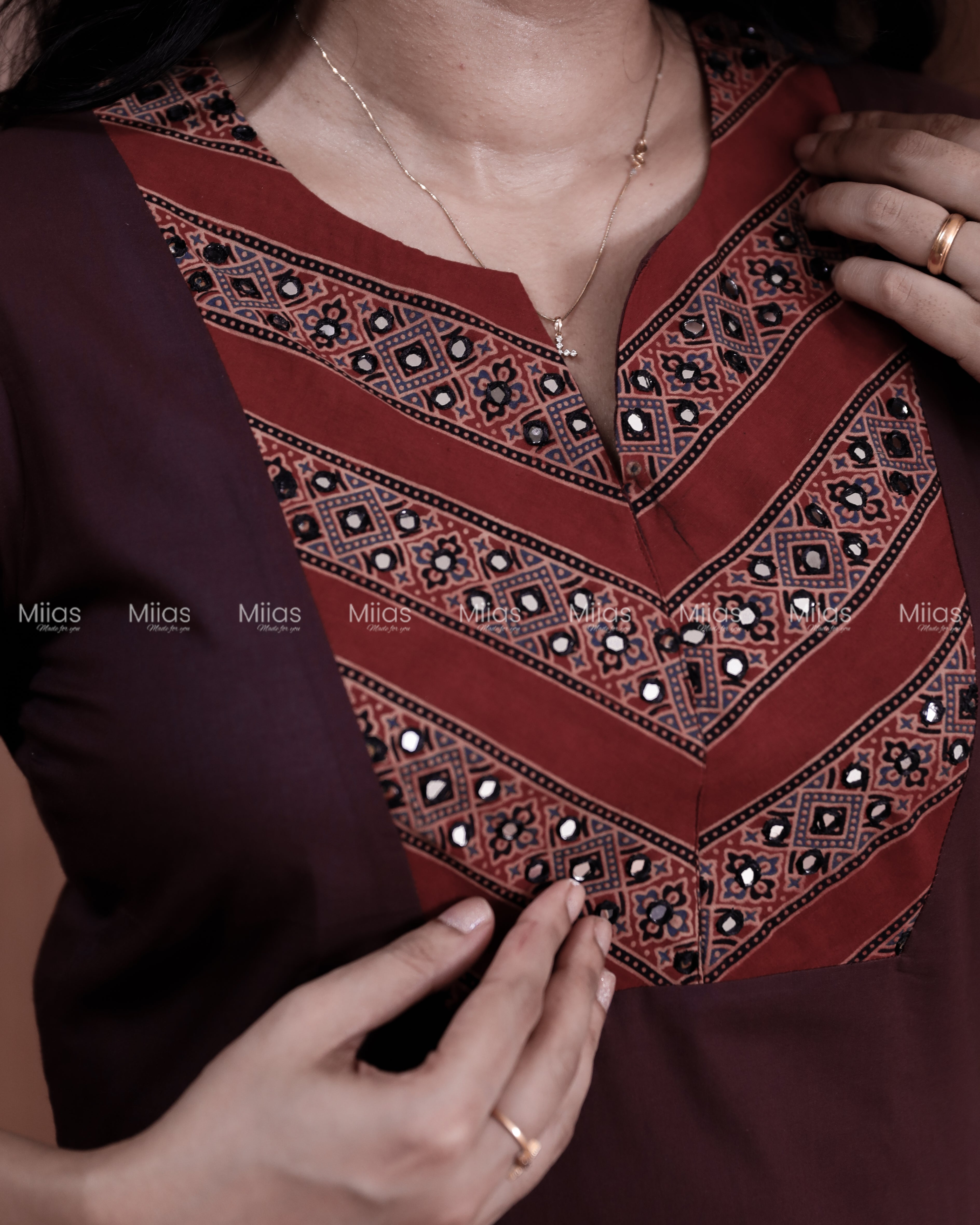 Cotton Slit Kurti | Ajrakh Patch + Mirror Yoke + Border | Wine Red