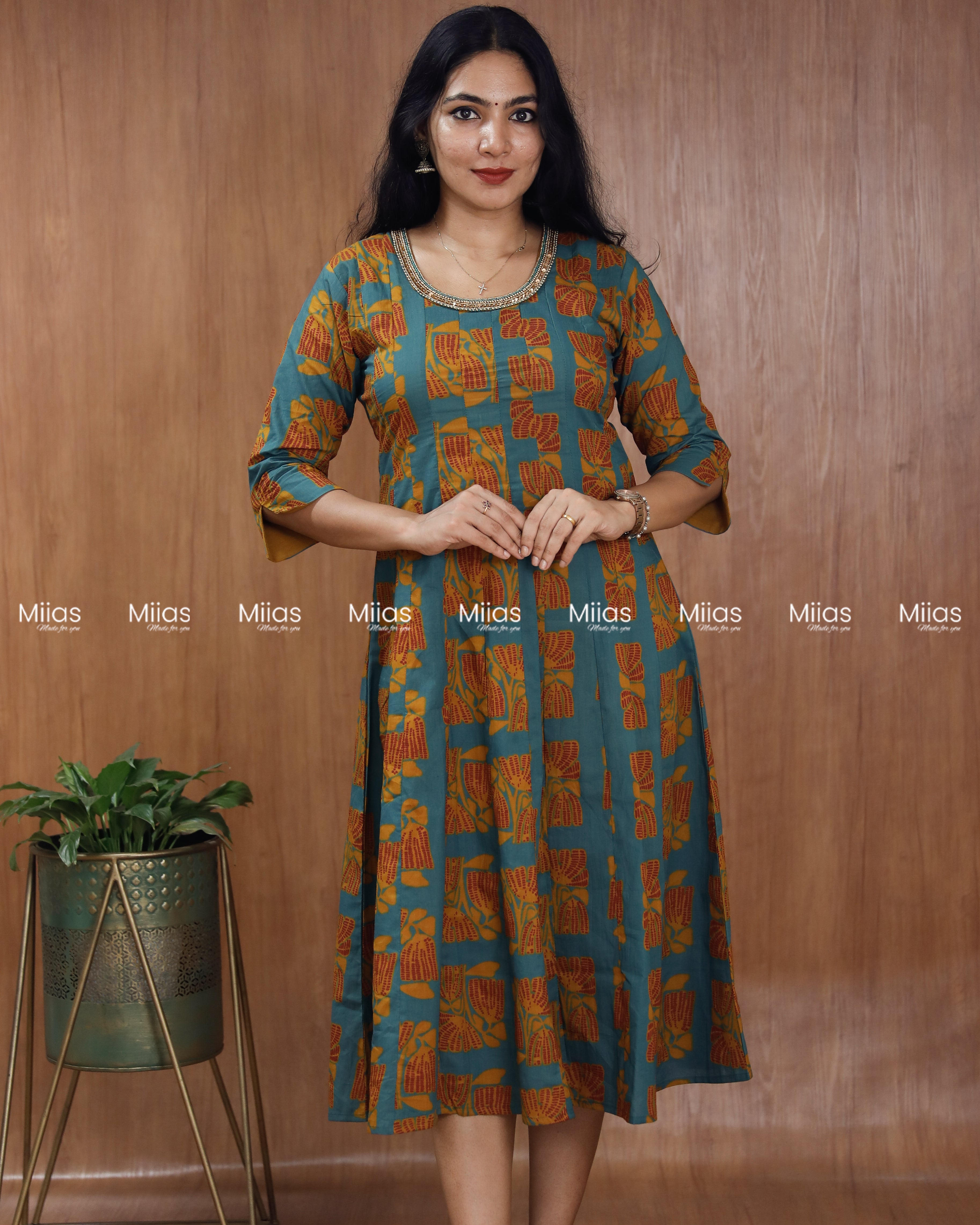 South Cotton Panel Kurti | Beaded Neckline + Slit Sleeves | Steel Blue