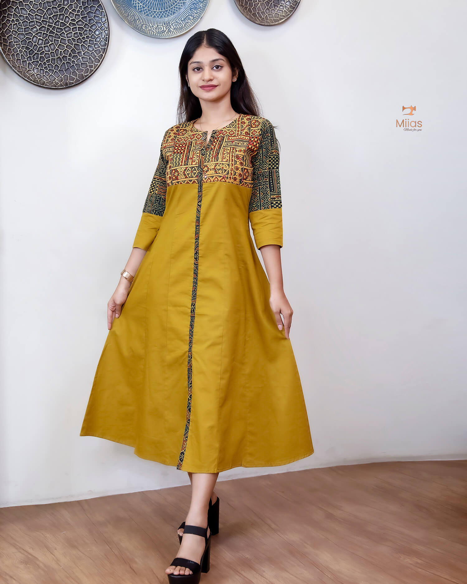 Lawn Cotton Kurti: Ajrakh Patchwork & Mirror Work-Yellow.