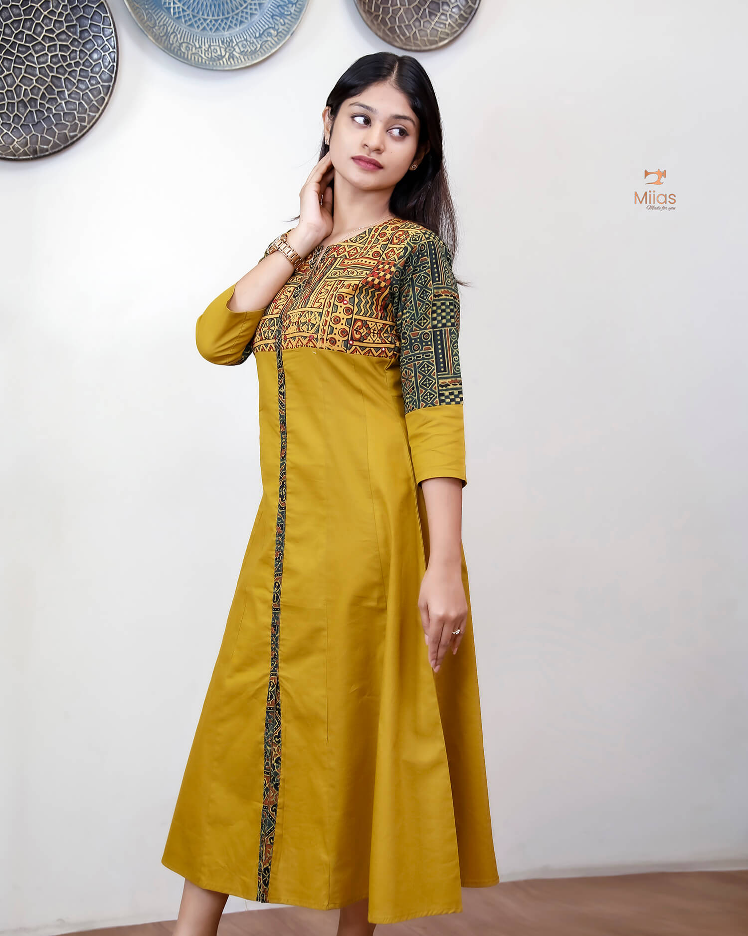 Lawn Cotton Kurti: Ajrakh Patchwork & Mirror Work-Yellow.