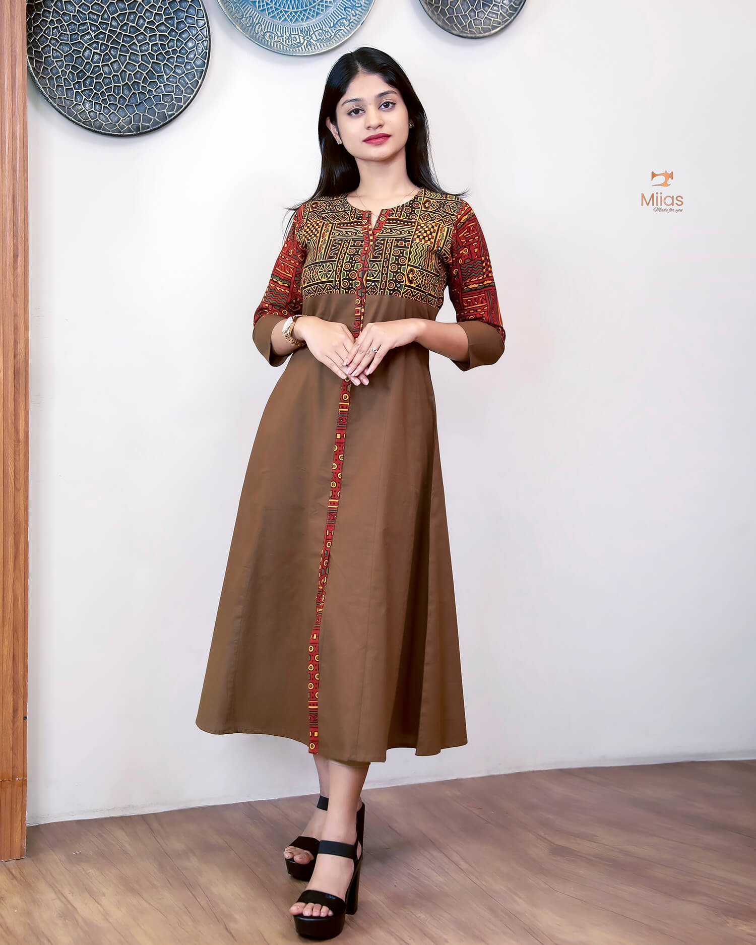 Lawn Cotton Kurti: Ajrakh Patchwork & Mirror Work-Brown.