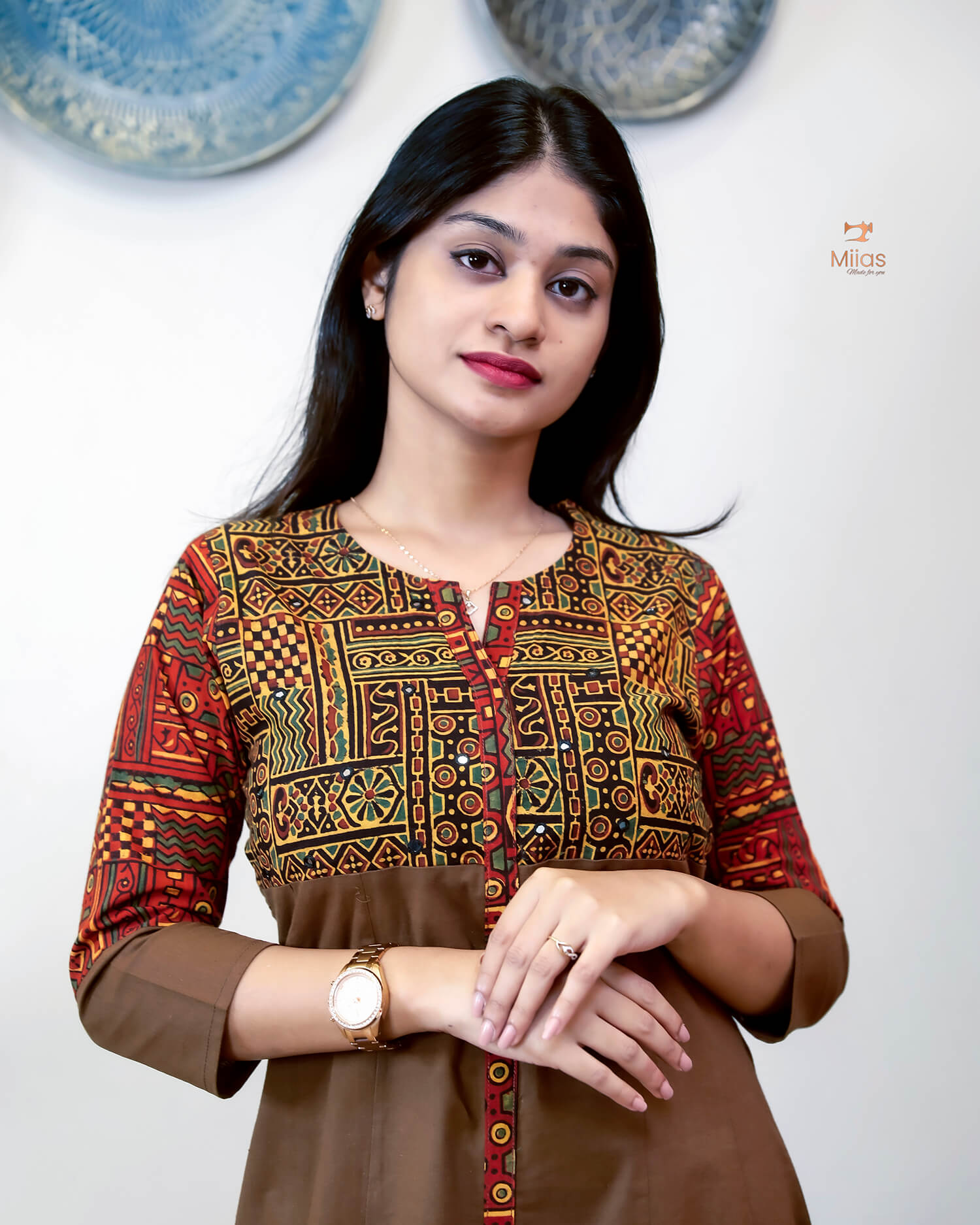 Lawn Cotton Kurti: Ajrakh Patchwork & Mirror Work-Brown.