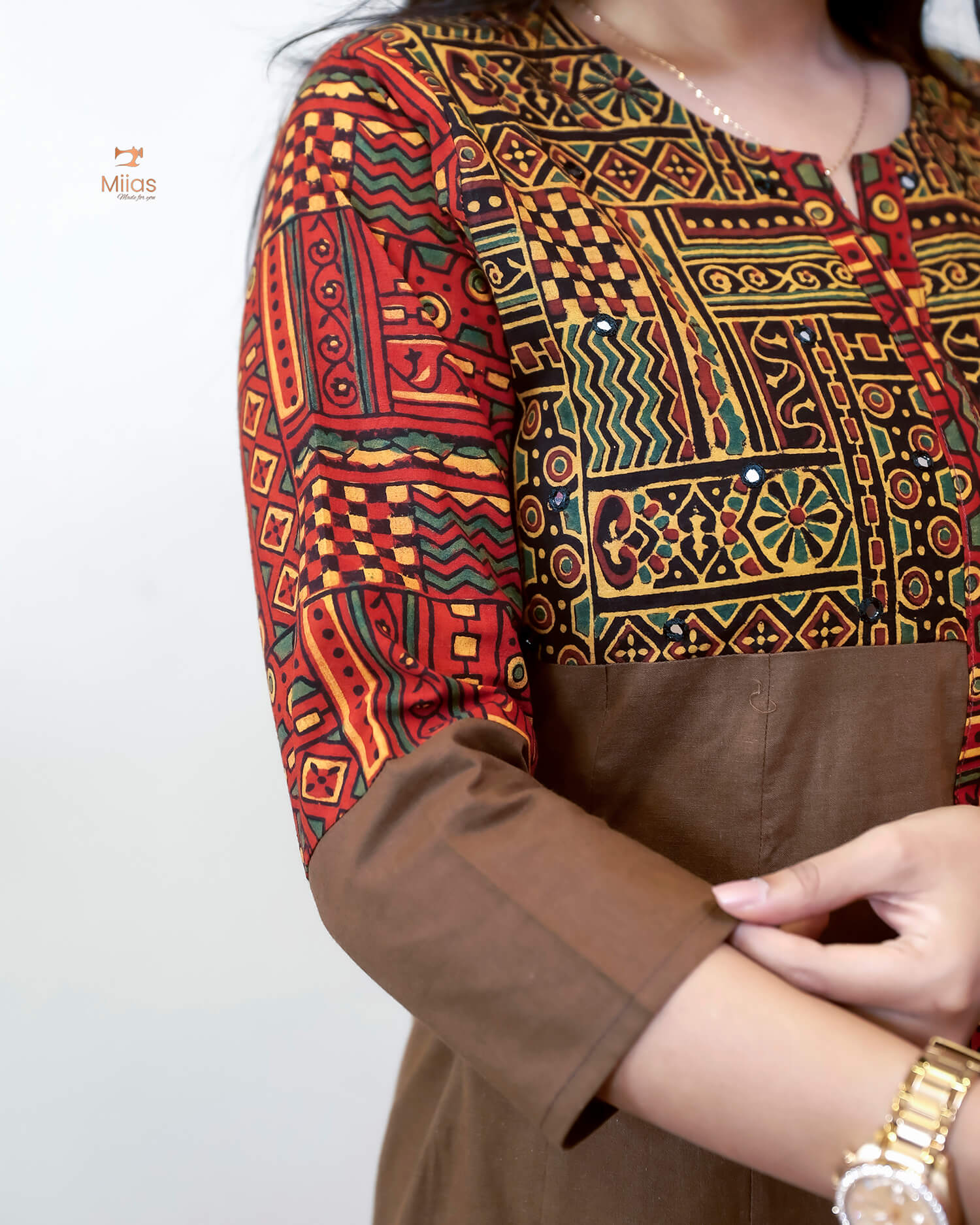 Lawn Cotton Kurti: Ajrakh Patchwork & Mirror Work-Brown.