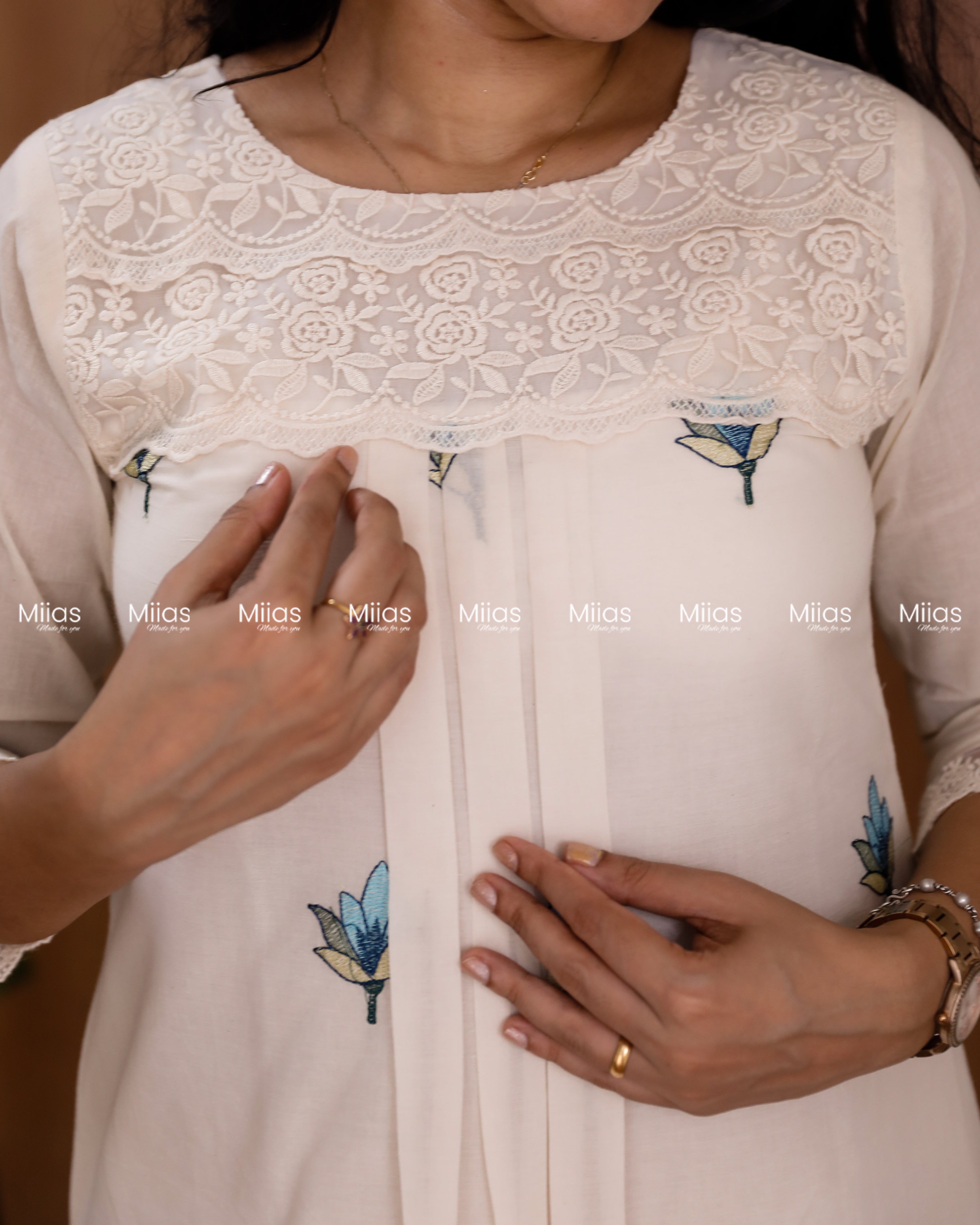 Kora Cotton Dress Kurti | Embroidered Front + Lace + Pleats | Off-white