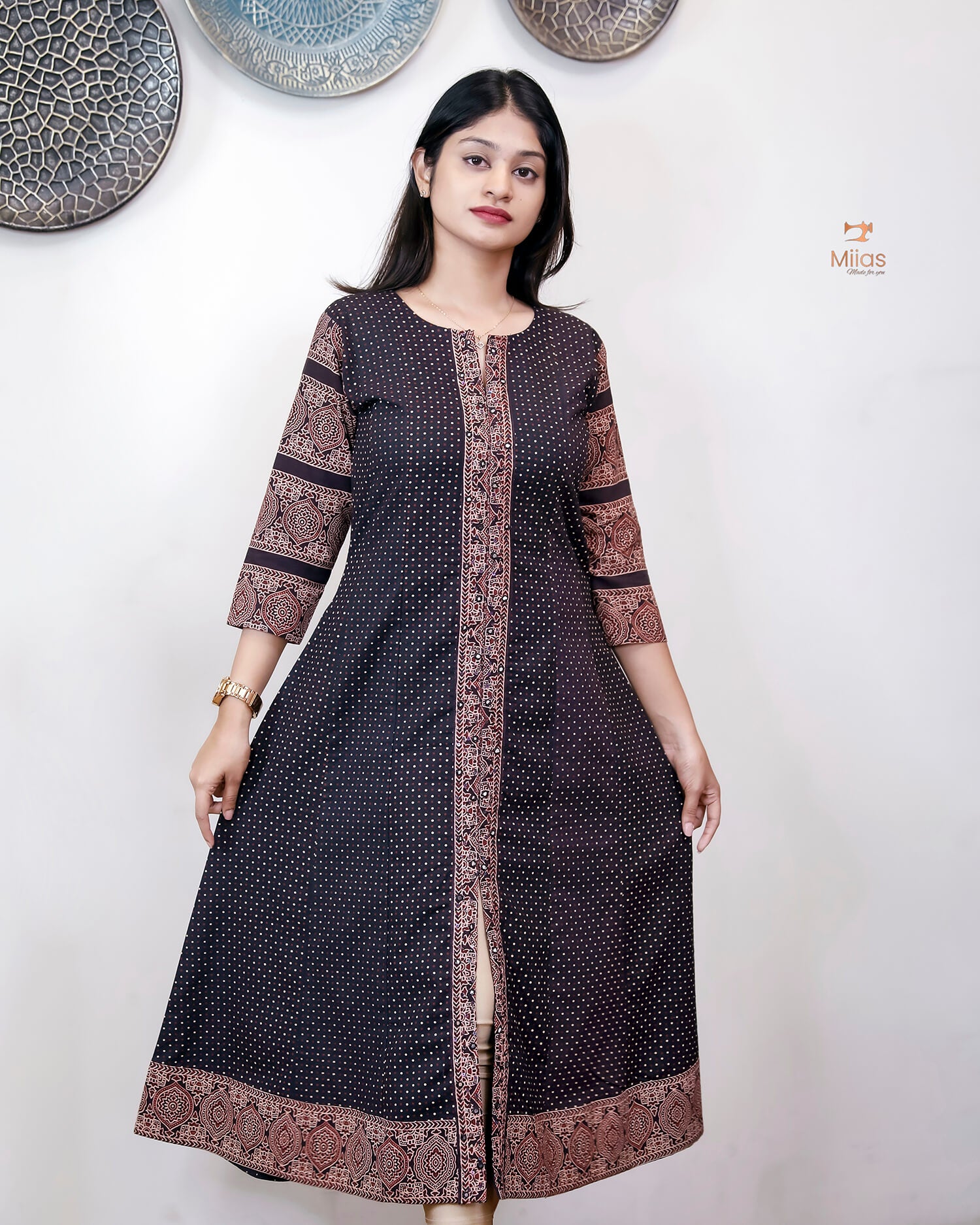 Ajrakh Cotton Kurti – Mirrored Panel Dress with Sequins-Black