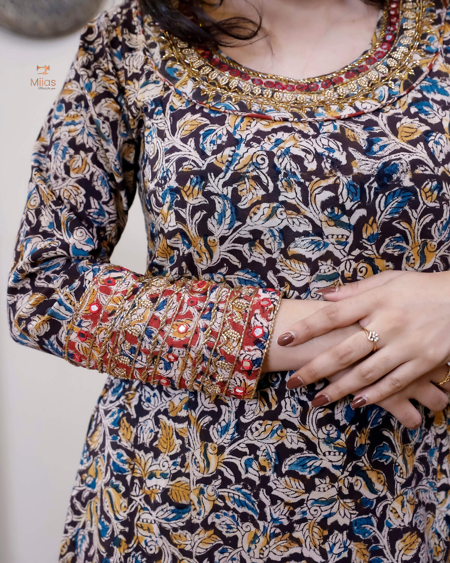 Hand Block Printed Kalamkari Kurti Embroidered Mirror work-Black.