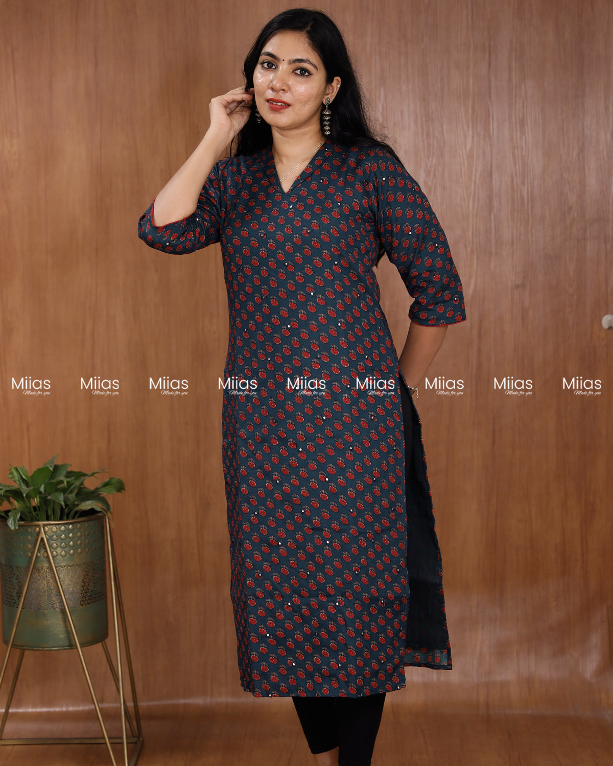 Cotton-Mix Slit Kurti | Ajrakh Print + Mirror Work | Blue