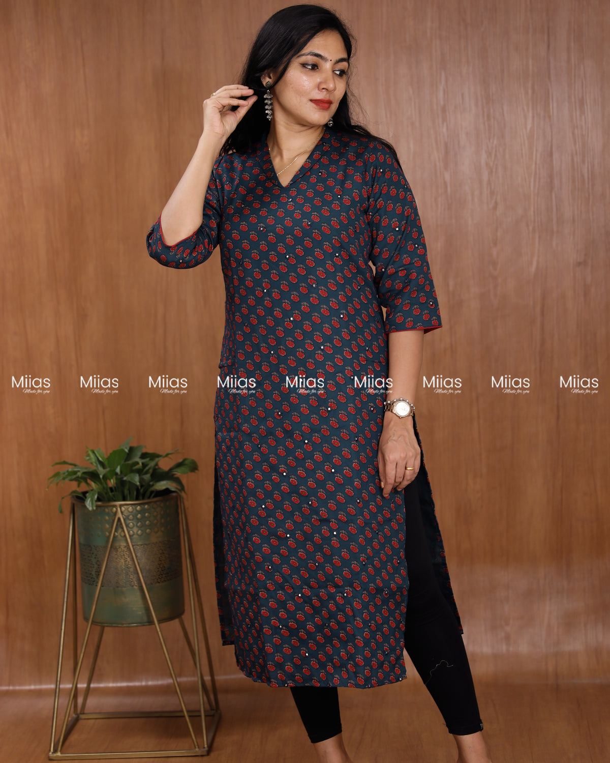 Cotton-Mix Slit Kurti | Ajrakh Print + Mirror Work | Blue