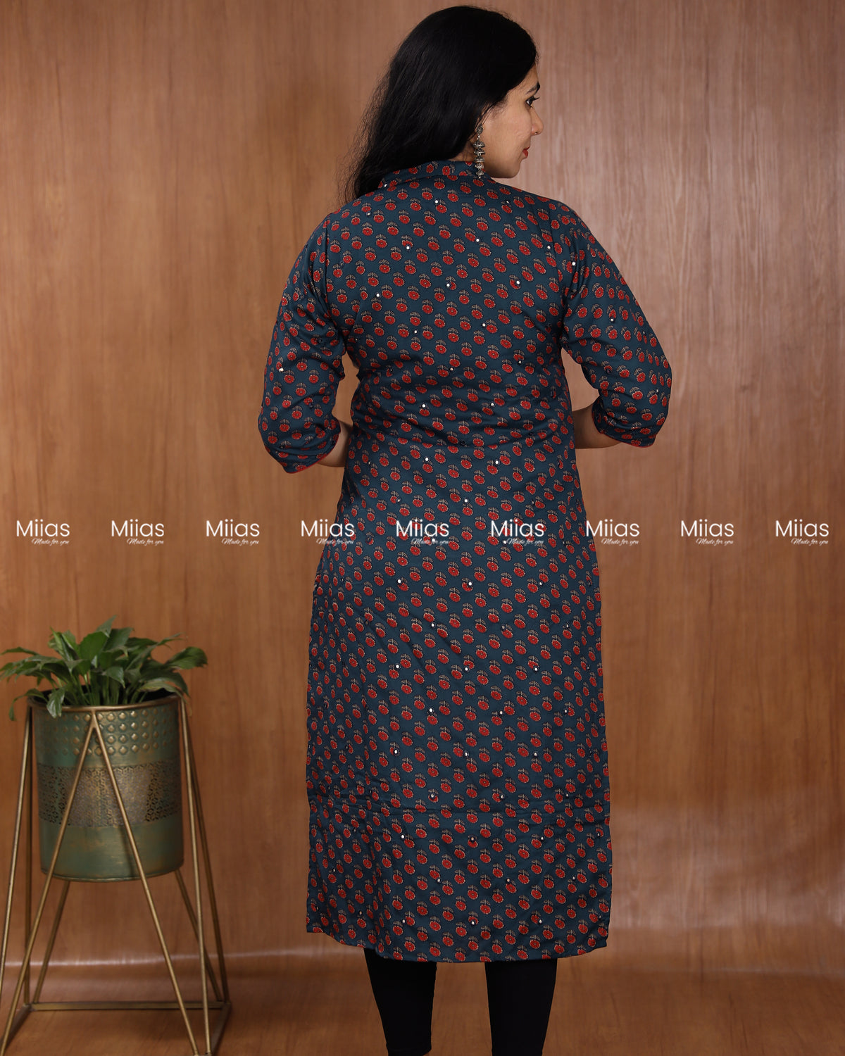 Cotton-Mix Slit Kurti | Ajrakh Print + Mirror Work | Blue
