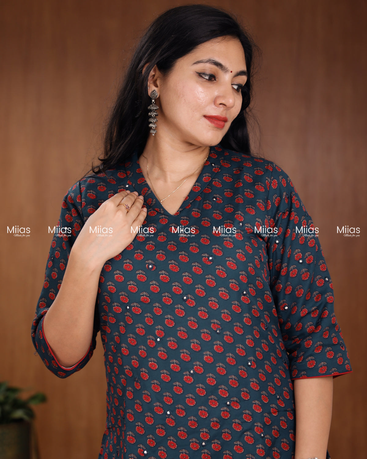 Cotton-Mix Slit Kurti | Ajrakh Print + Mirror Work | Blue