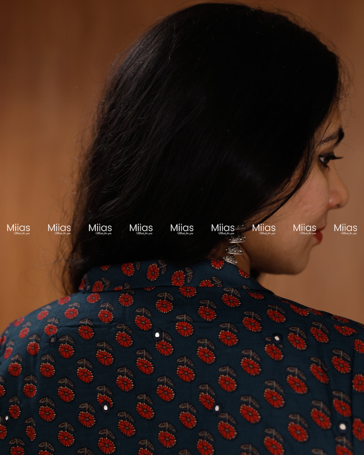 Cotton-Mix Slit Kurti | Ajrakh Print + Mirror Work | Blue