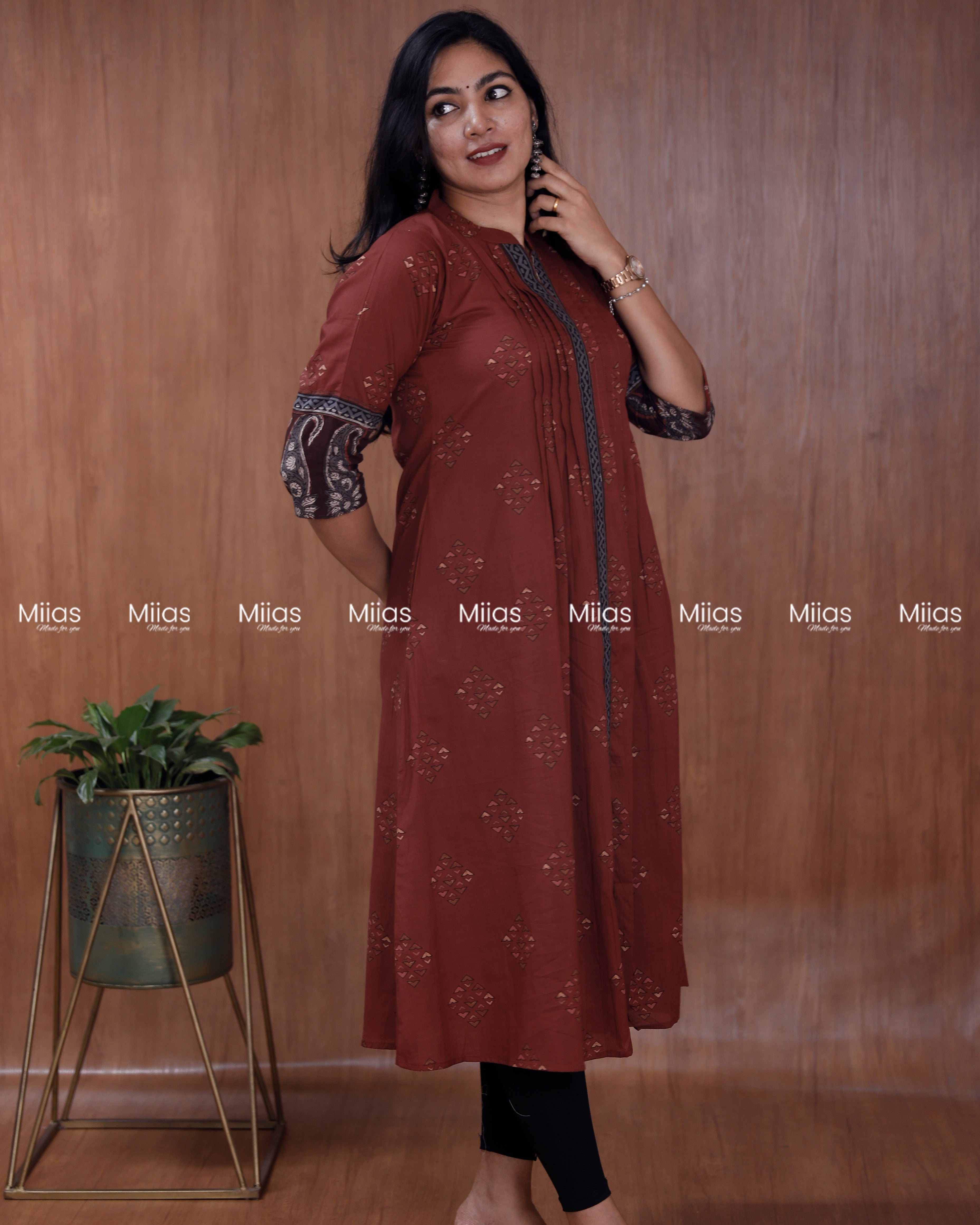 Ajrakh Cotton Dress Kurti | Pintuck + Contrast Slit Border | Brick Red