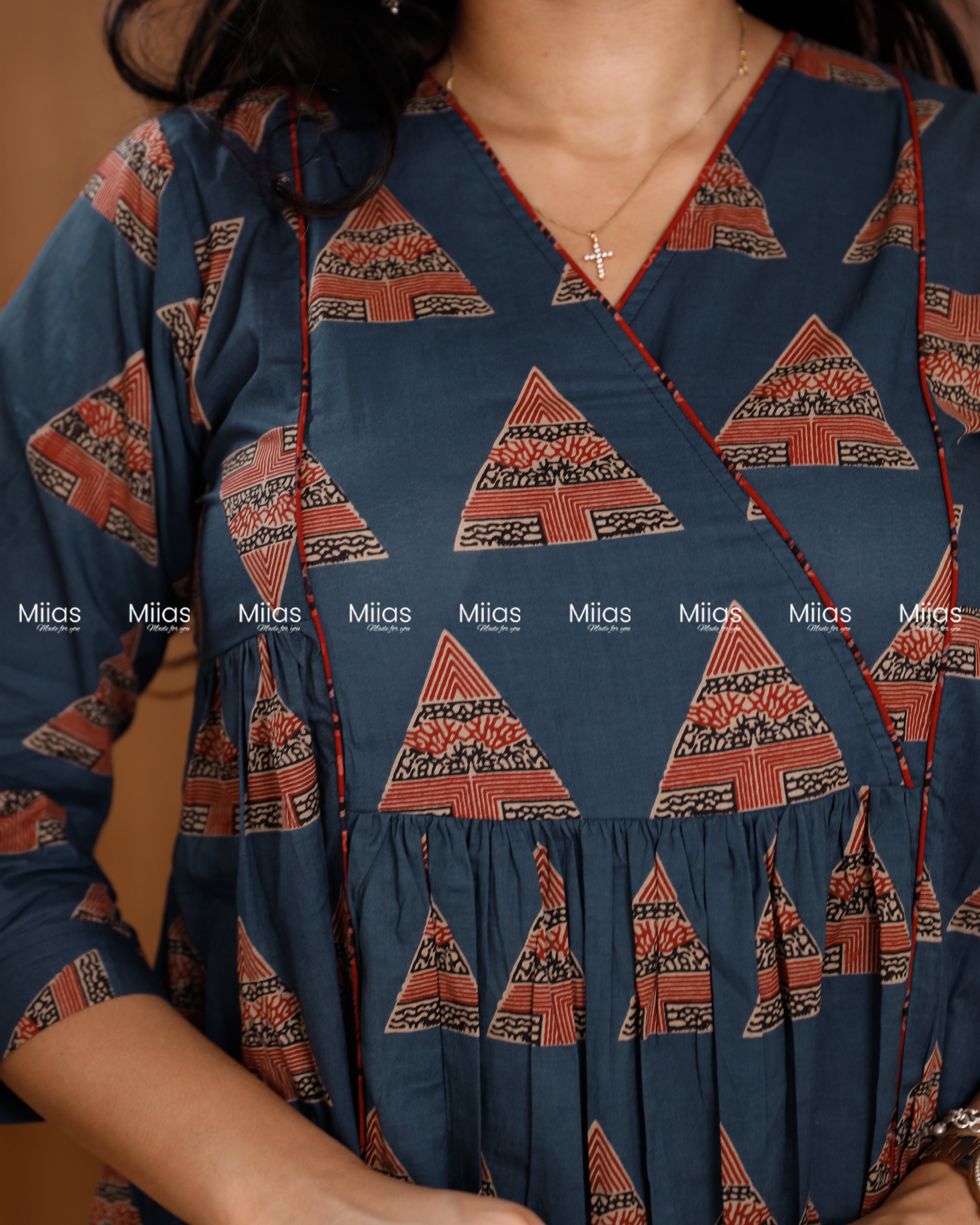 Ajrakh South Cotton 3-Panel Kurti | Pleated Flare + Piping | Blue