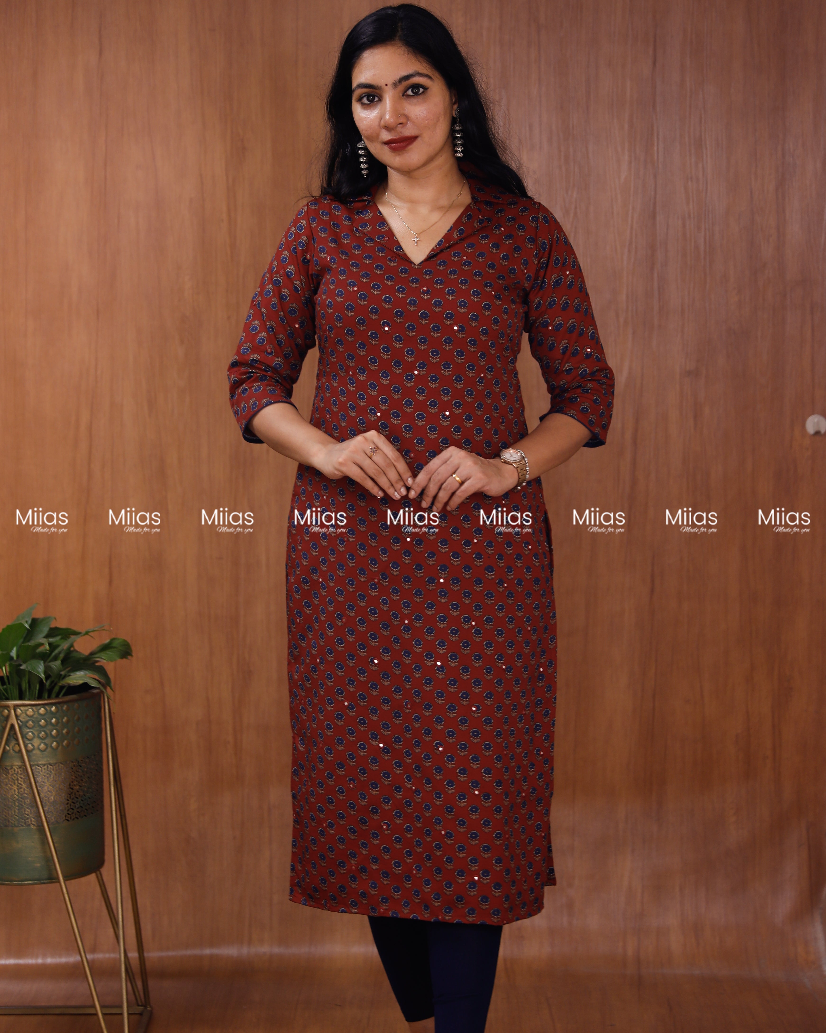 Cotton-Mix Slit Kurti | Ajrakh Print + Mirror Work | Brick Red