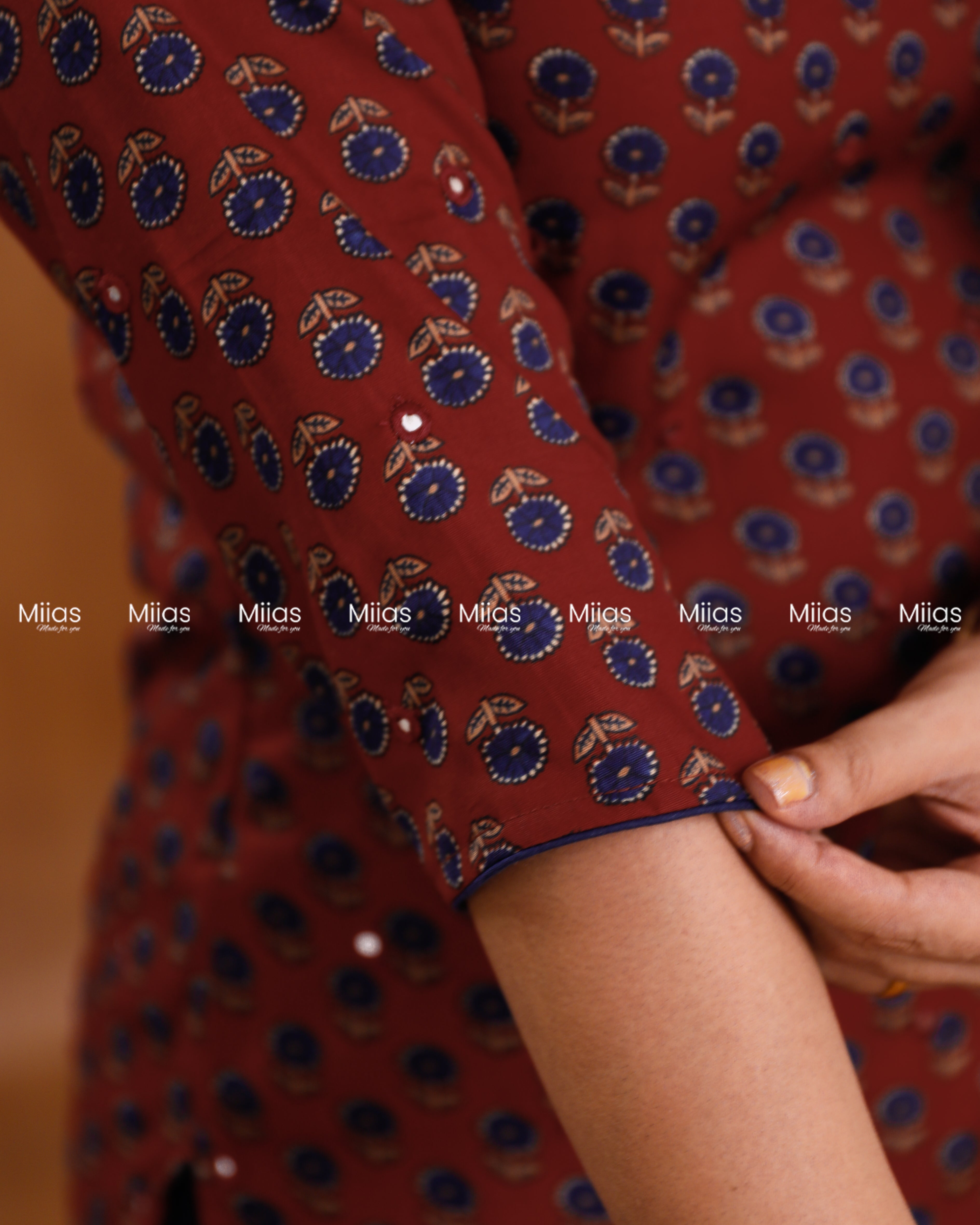 Cotton-Mix Slit Kurti | Ajrakh Print + Mirror Work | Brick Red
