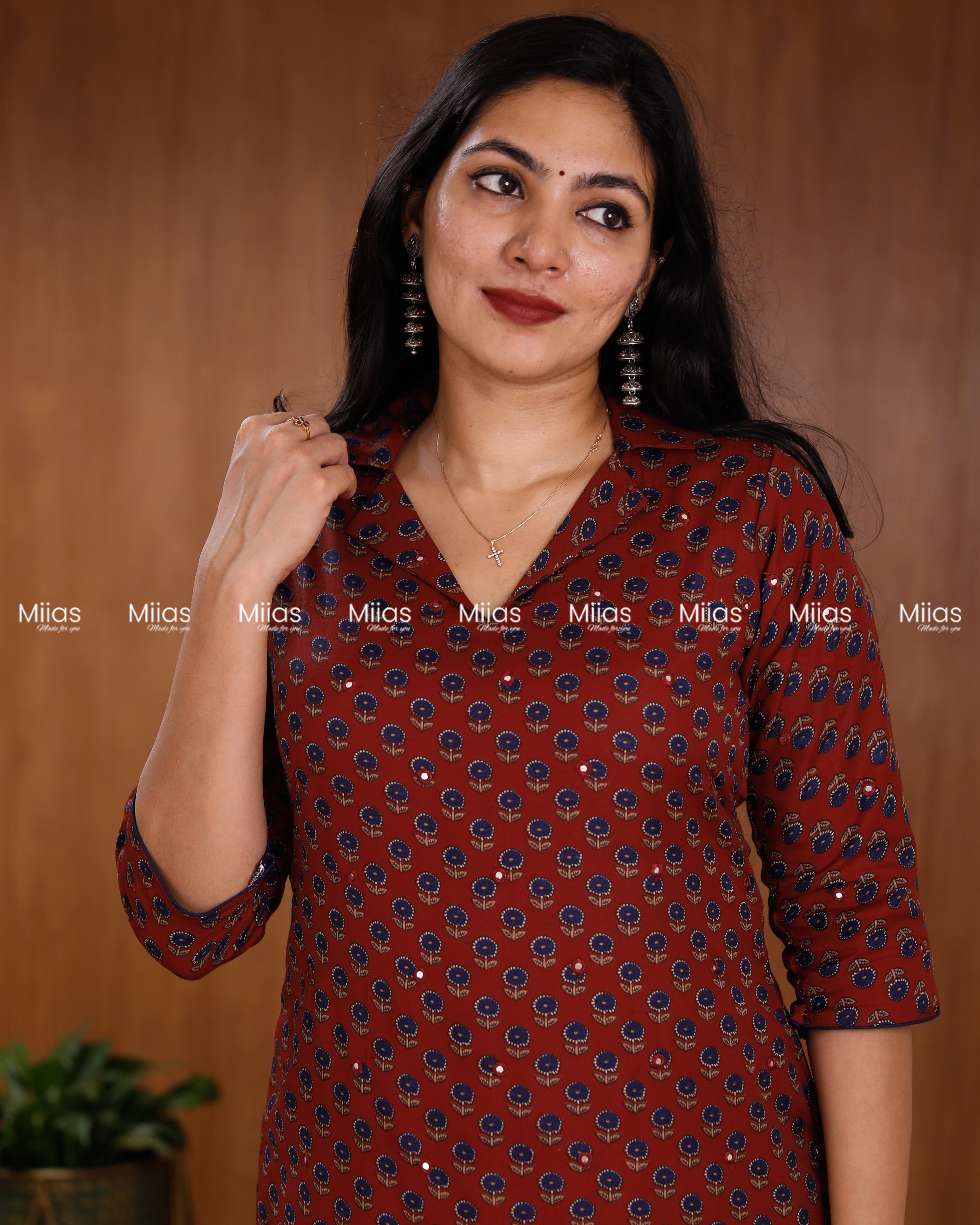 Cotton-Mix Slit Kurti | Ajrakh Print + Mirror Work | Brick Red