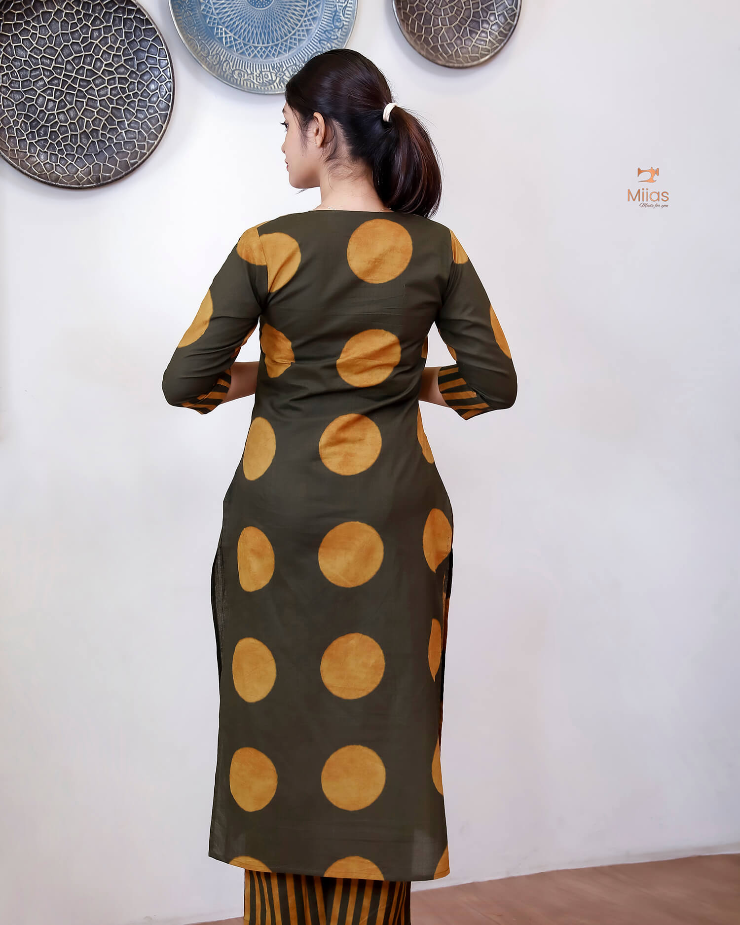 Cotton Co-ord Set: Polka Dot Top & Line-Print Bottom.