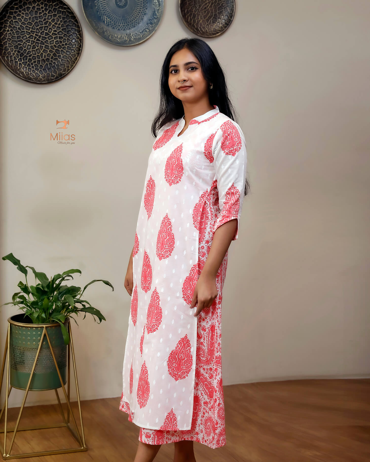 Jaipur Print Cotton Kurti with Jacket Style Back-Peach