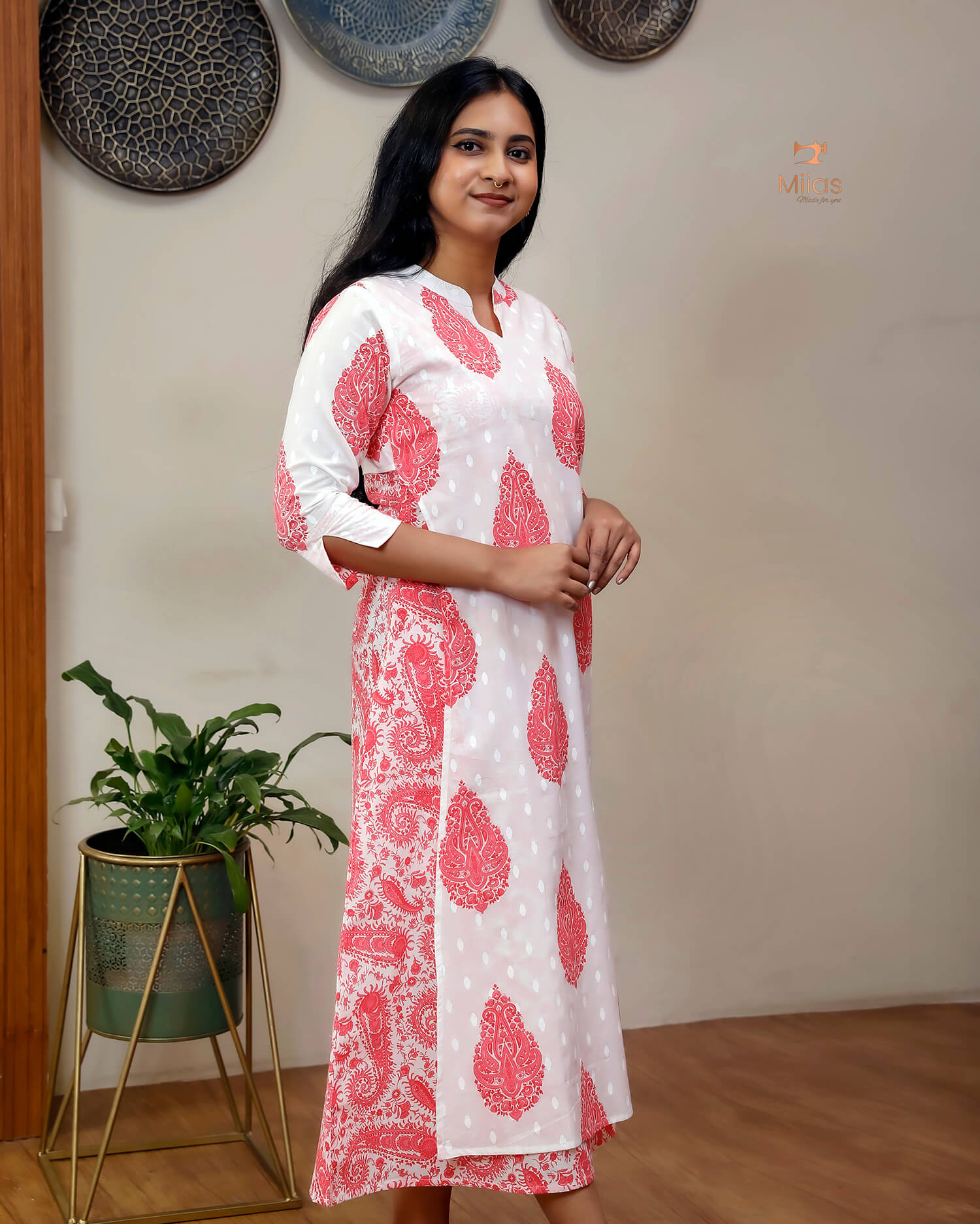 Jaipur Print Cotton Kurti with Jacket Style Back-Peach