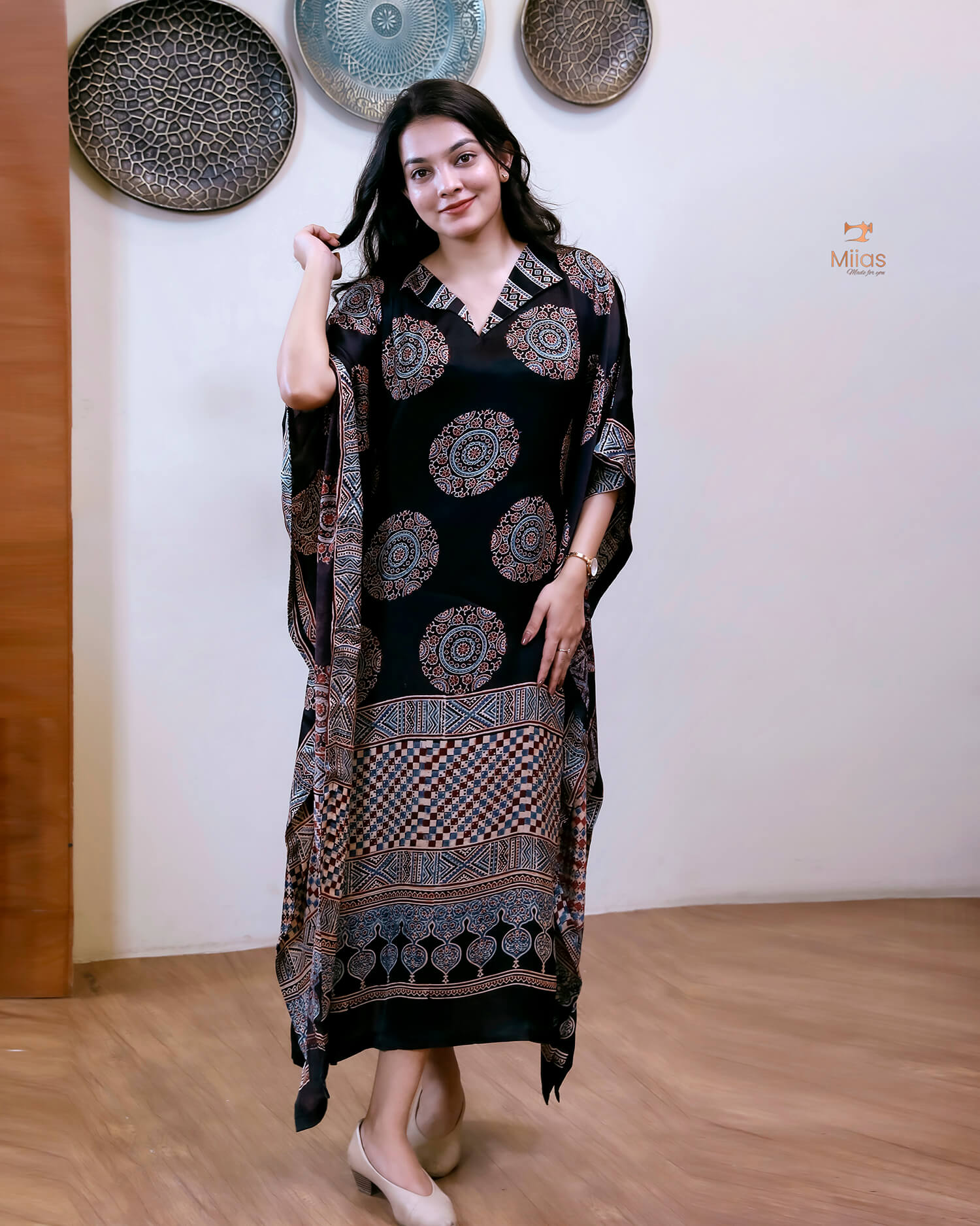 Modal Silk Kaftan | Folding Collar Flowing Drape | Black
