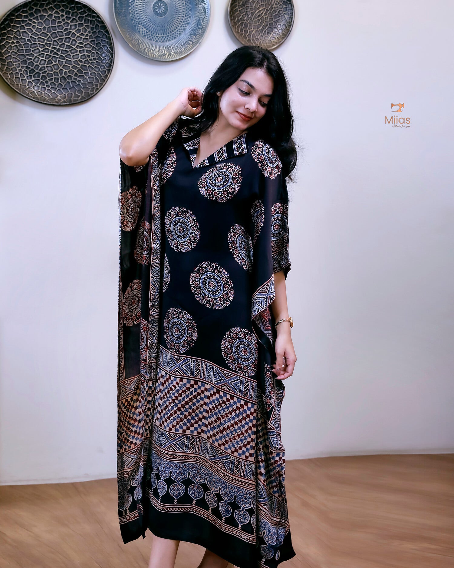 Modal Silk Kaftan | Folding Collar Flowing Drape | Black