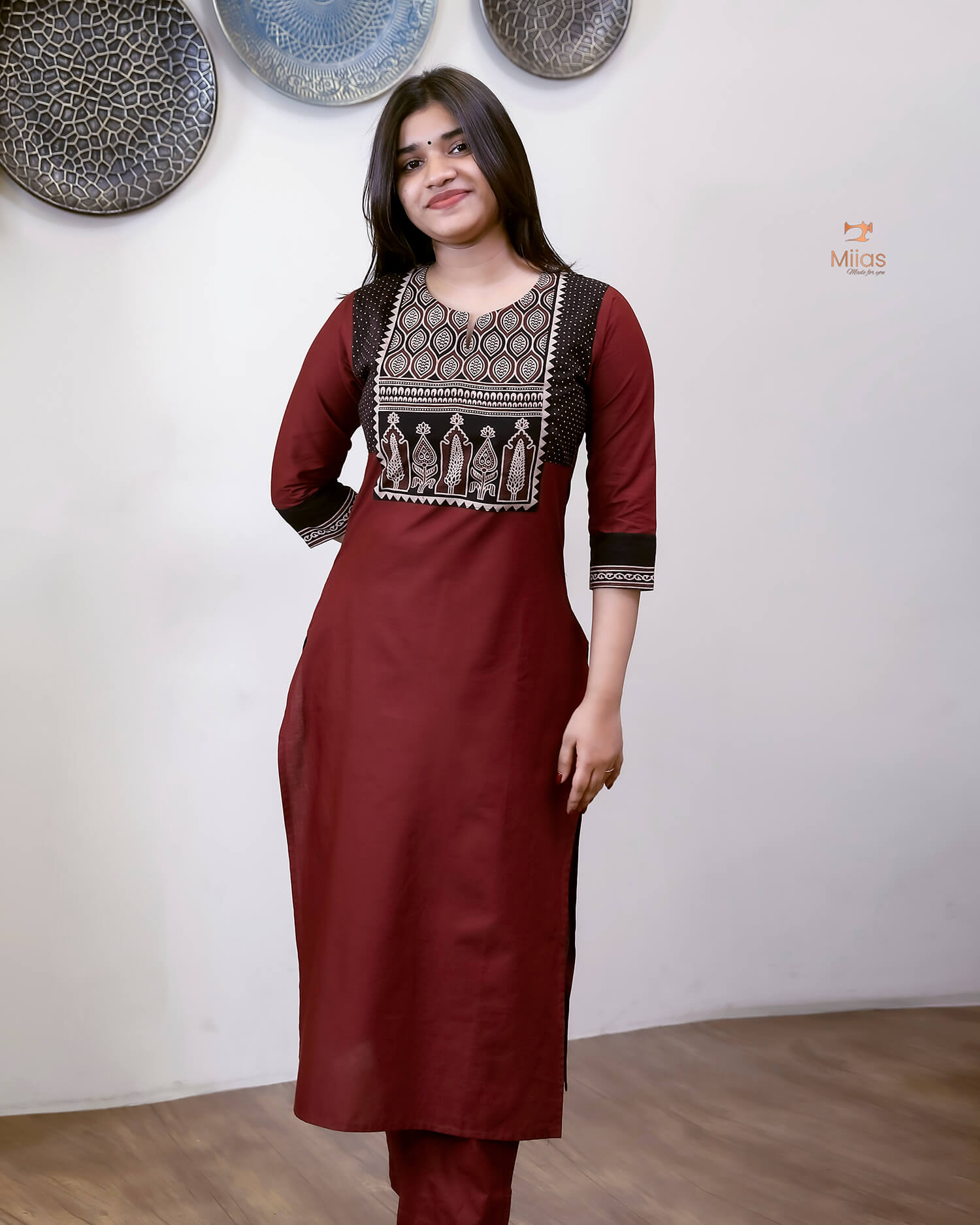 Lawn Cotton 3-Pc: Ajrakh Print Yoke & Dupatta Set-Reddish Maroon
