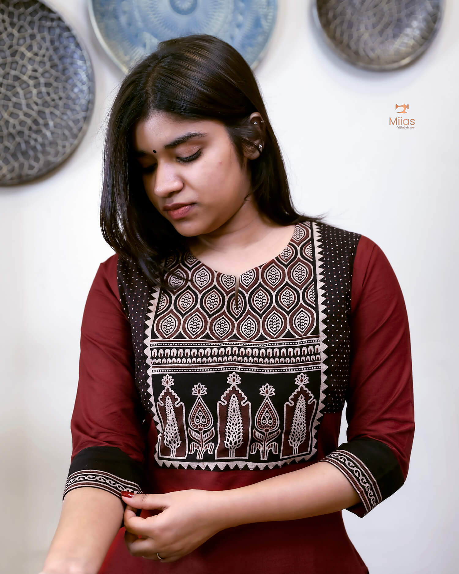 Lawn Cotton 3-Pc: Ajrakh Print Yoke & Dupatta Set-Reddish Maroon