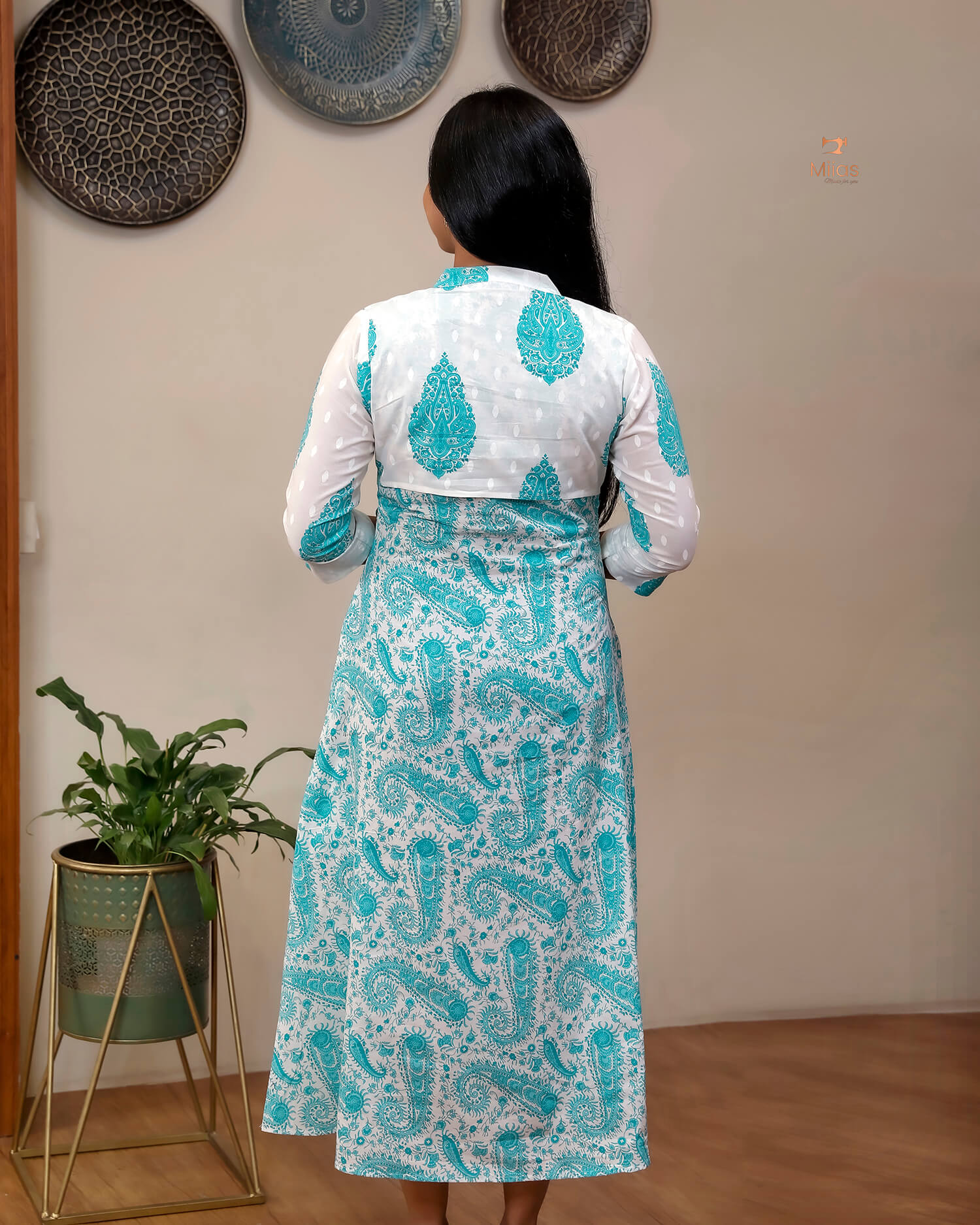 Jaipur Print Cotton Kurti with Jacket Style Back-Blue