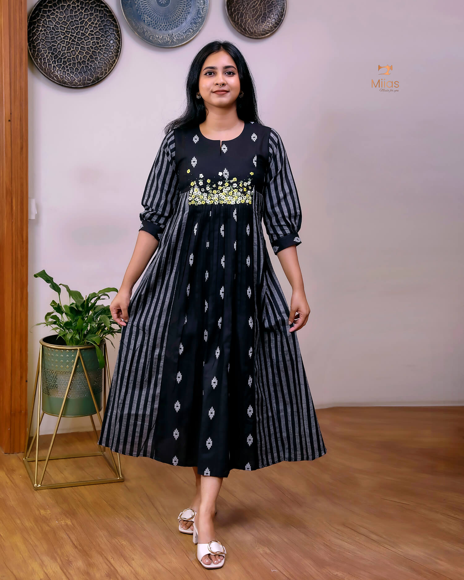 Pure Cotton Three-Panel Kurti | Embroidered & Beaded Neck-Black