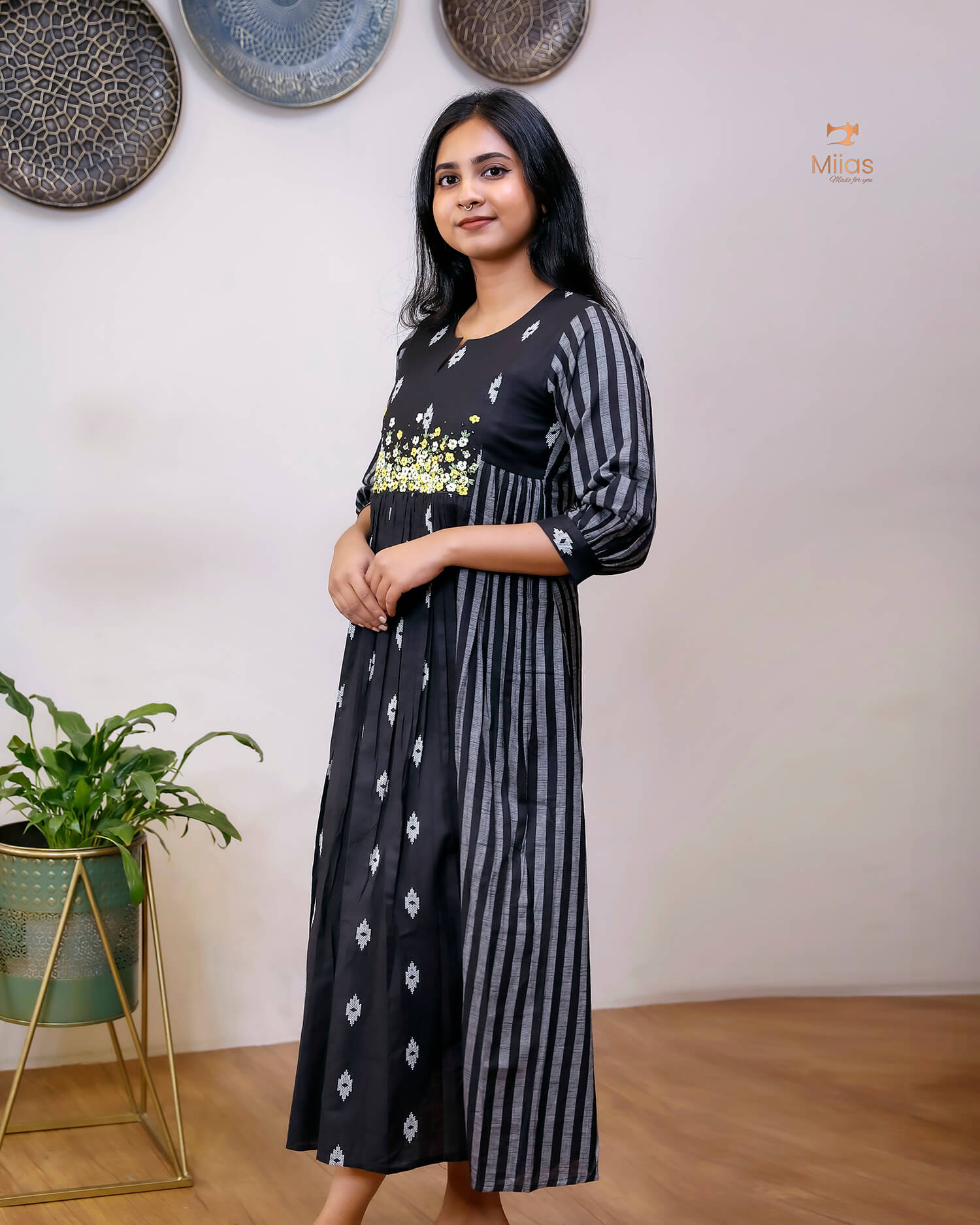 Pure Cotton Three-Panel Kurti | Embroidered & Beaded Neck-Black