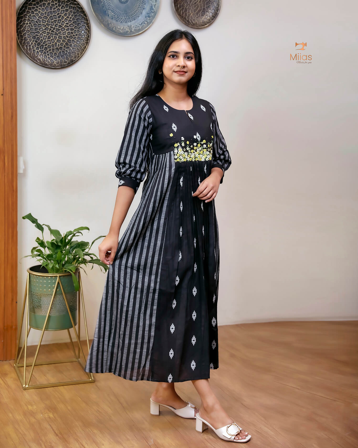 Pure Cotton Three-Panel Kurti | Embroidered & Beaded Neck-Black