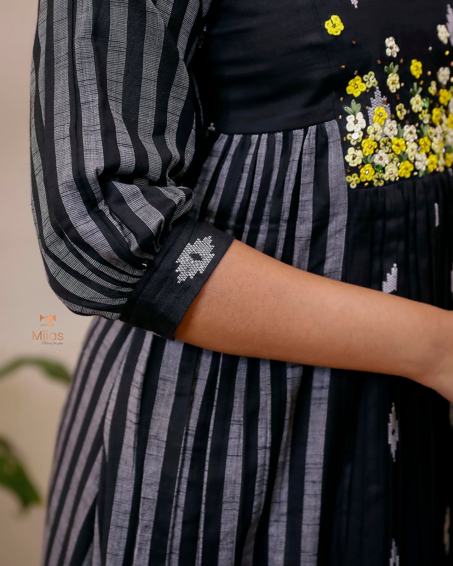 Pure Cotton Three-Panel Kurti | Embroidered & Beaded Neck-Black