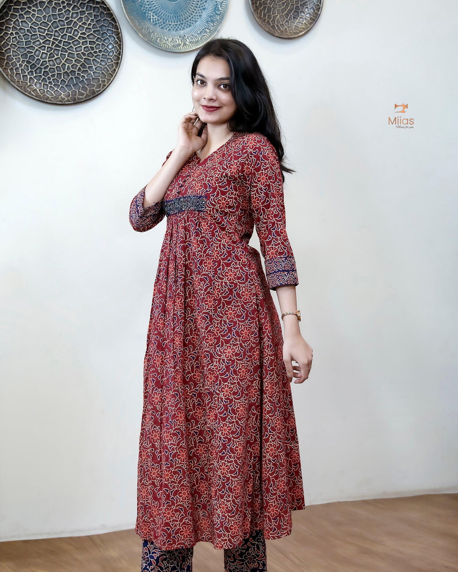Ajrakh Printed Cotton Co-Ords with Mirror Work Yoke-Red.