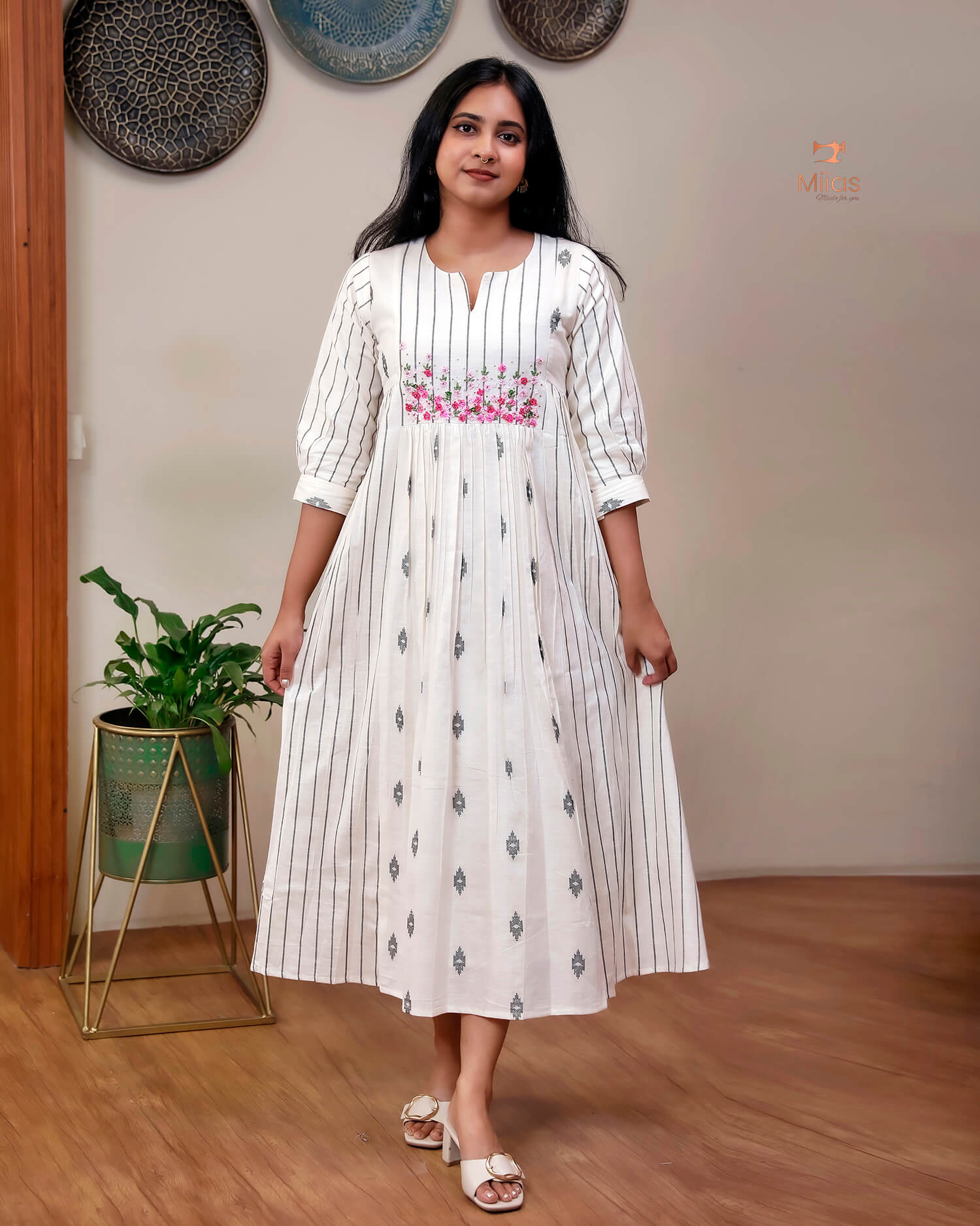 Pure Cotton Three-Panel Kurti | Embroidered & Beaded Neck