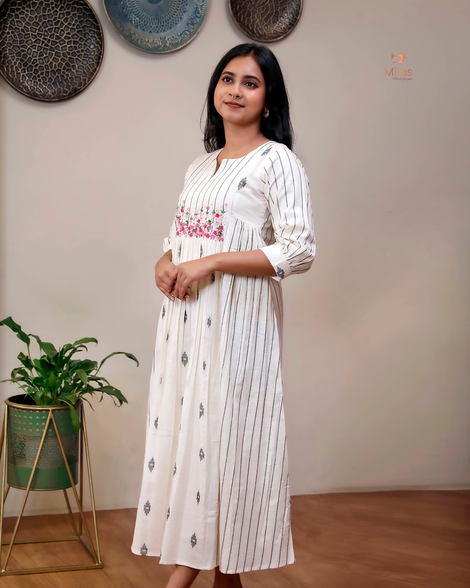 Pure Cotton Three-Panel Kurti | Embroidered & Beaded Neck