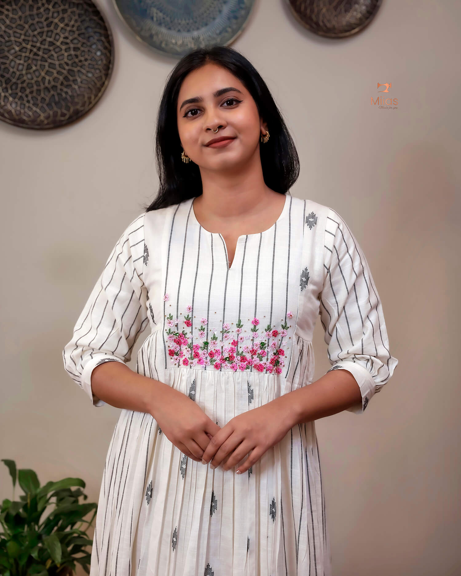 Pure Cotton Three-Panel Kurti | Embroidered & Beaded Neck