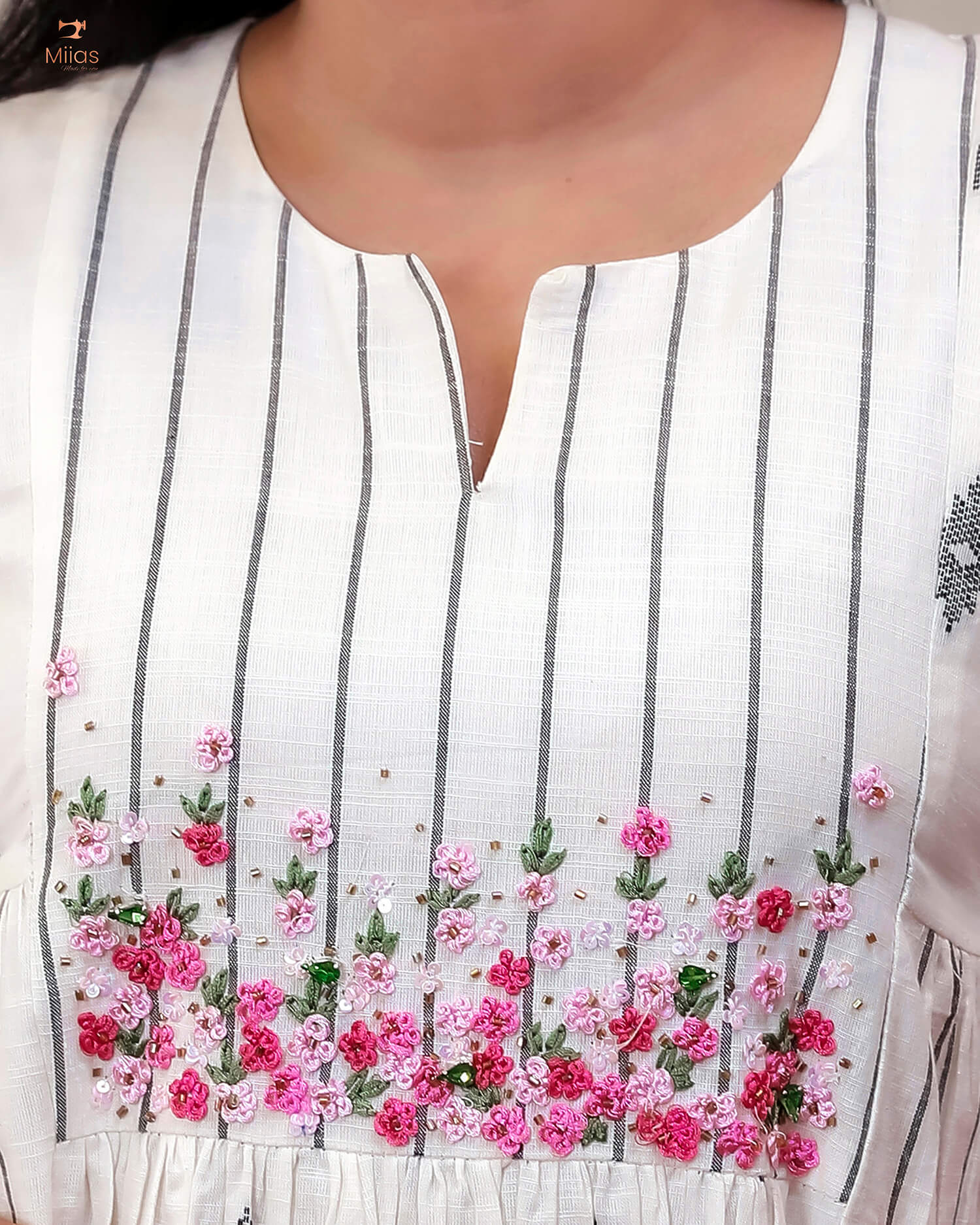 Pure Cotton Three-Panel Kurti | Embroidered & Beaded Neck