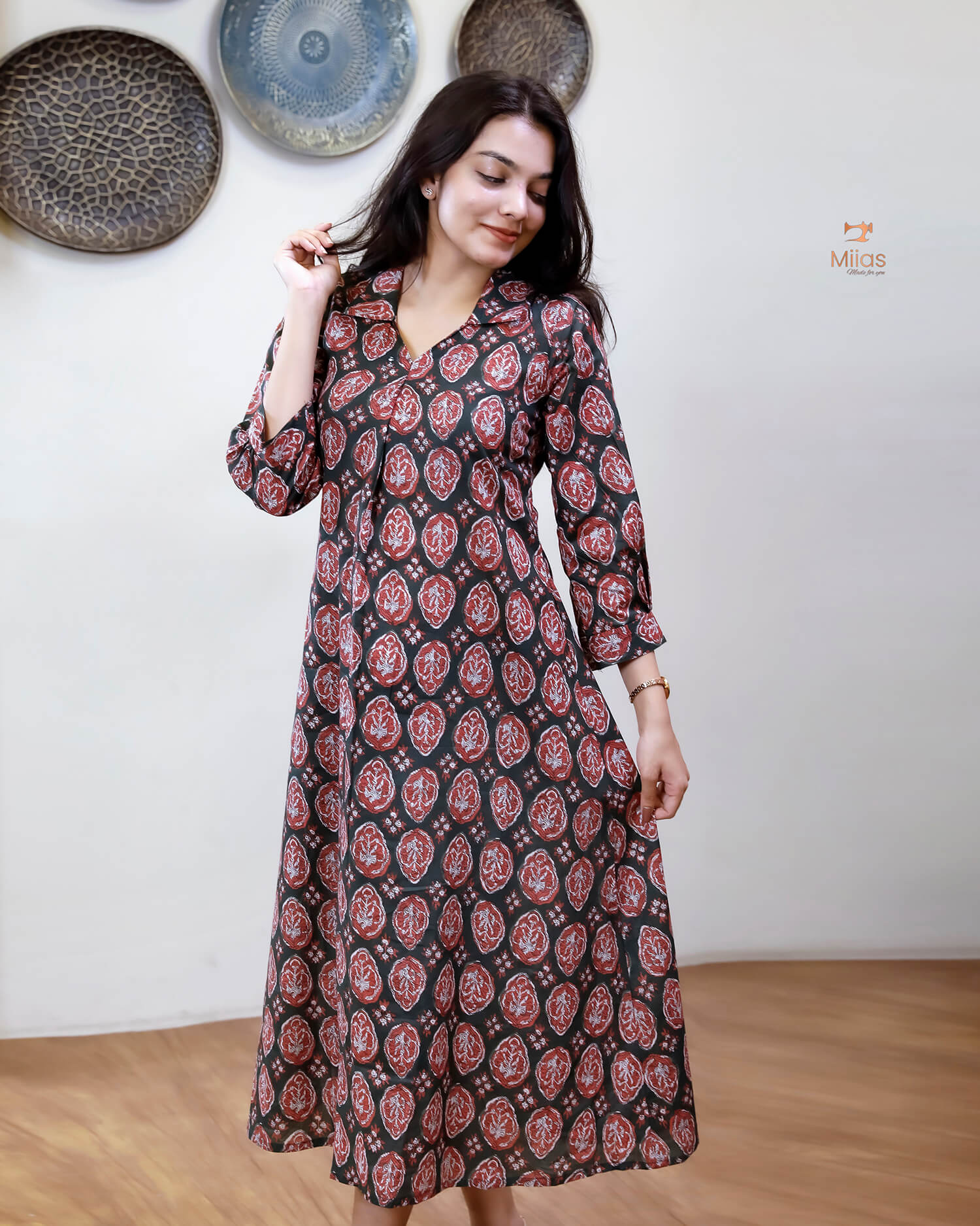 Cotton Handblock Kurti | Shirt Collar Pleated | Green